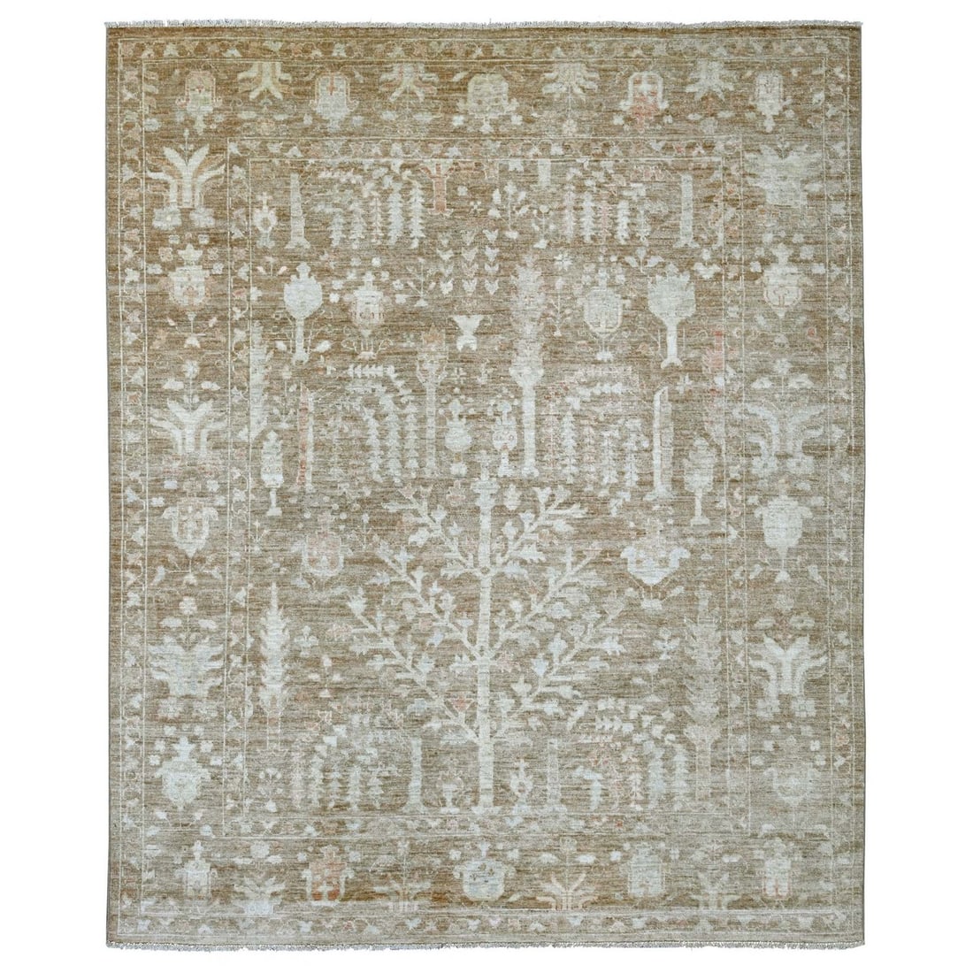8'x9'9" Cedar Brown Afghan Angora Oushak Tree Design Hand Knotted Wool Rug: 8'x9'9" Cedar Brown Afghan Angora Oushak Tree Design Hand Knotted Wool Rug The Oushak Tree Design Hand Knotted Wool Rug boasts an intricate floral pattern in rich brown hues, set against a rectangular