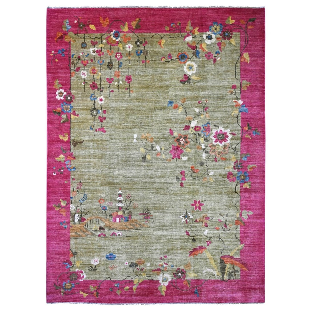 9'x11'9" Green Chinese Art Deco Inspired Peshawar Hand Knotted Wool Rug: 9'x11'9" Green Chinese Art Deco Inspired Peshawar Hand Knotted Wool Rug The Peshawar hand-knotted wool rug boasts an exquisite Green Art Deco-inspired design, featuring intricate floral patterns in a 