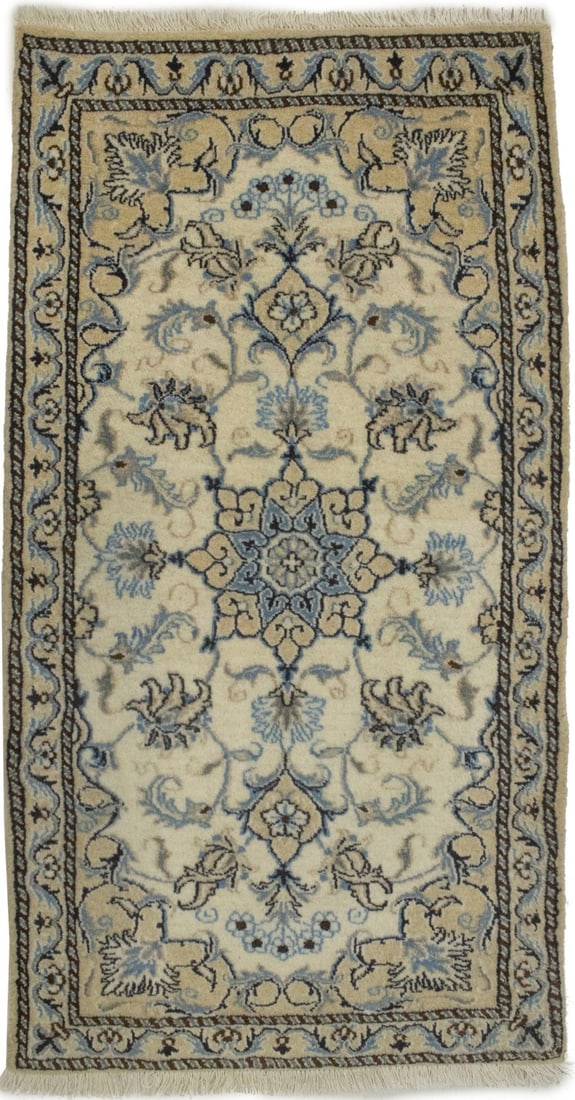 Handmade 2'4X4'5 Nain Oriental Rug Classic Floral Design Vintage Style Carpet Hand-Knotted: Handmade 2'4X4'5 Nain Oriental Rug Classic Floral Design Vintage Style Carpet Hand-Knotted Hand-knotted in wool, this traditional Nain Oriental rug boasts a classic floral design in cream, beige, blue