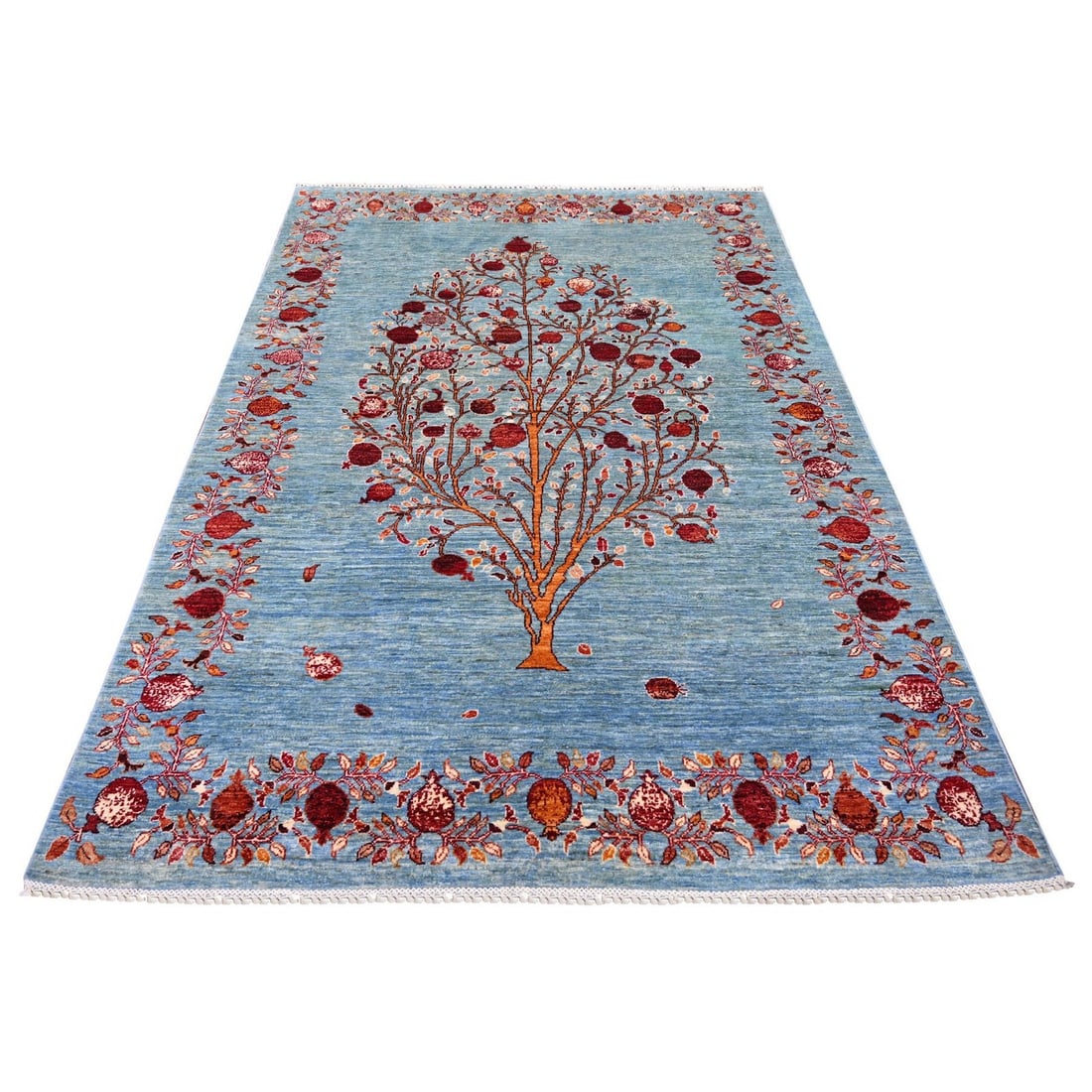 5'9"x7'10" Blue Hand Knotted Afghan Sultani Pomegranates Design Wool Rug: 5'9"x7'10" Blue Hand Knotted Afghan Sultani Pomegranates Design Wool Rug Hand-knotted in Afghanistan, this stunning blue wool rug boasts an all-over Sultani pomegranates design in rich, vibrant hues. 