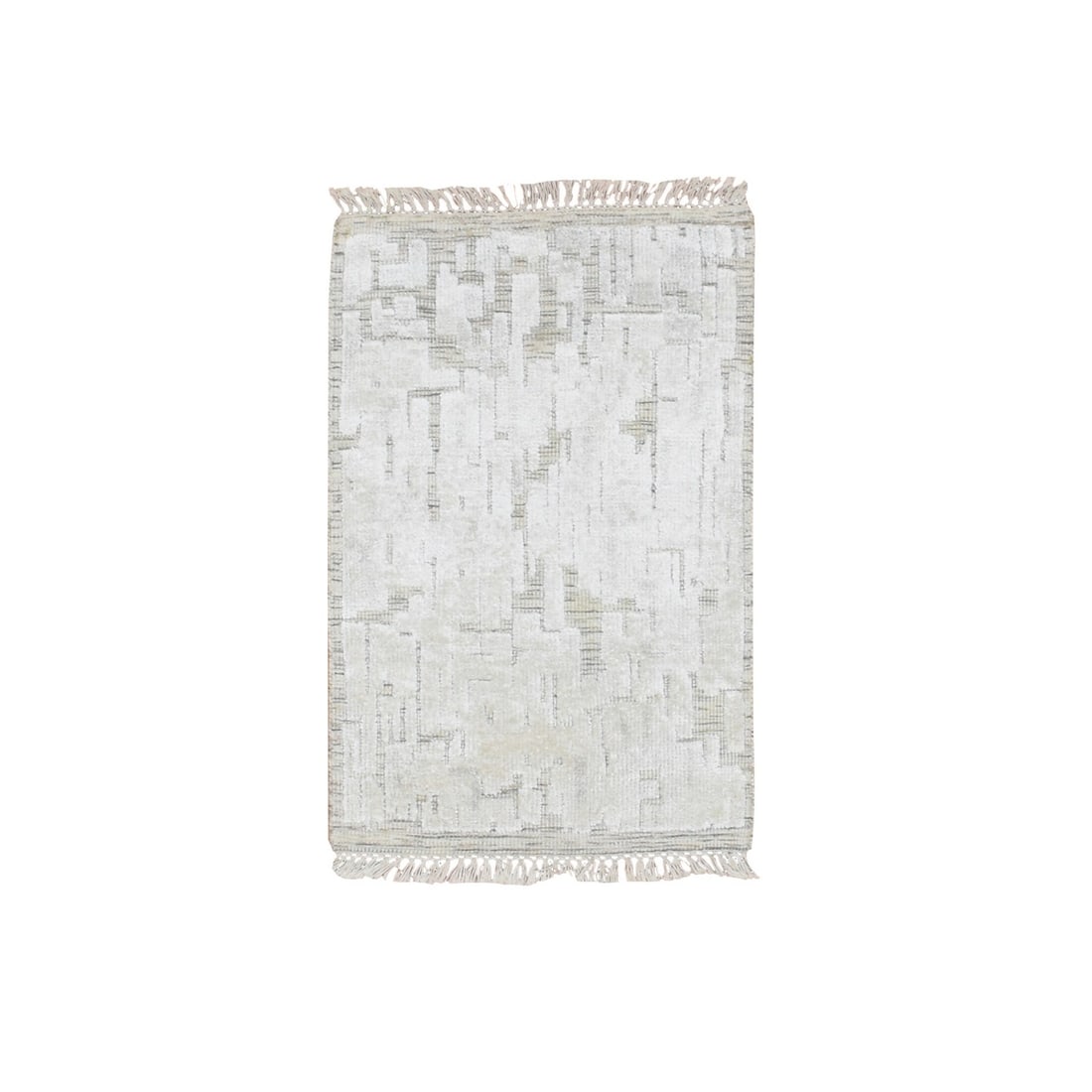 2'x3' Ivory Hand Knotted Pure Silk Textured Tone on Tone Modern Mat Rug: 2'x3' Ivory Hand Knotted Pure Silk Textured Tone on Tone Modern Mat Rug This stunning 2'x3' hand-knotted pure silk textured tone on tone modern mat rug boasts an all-over oriental design in a beautifu
