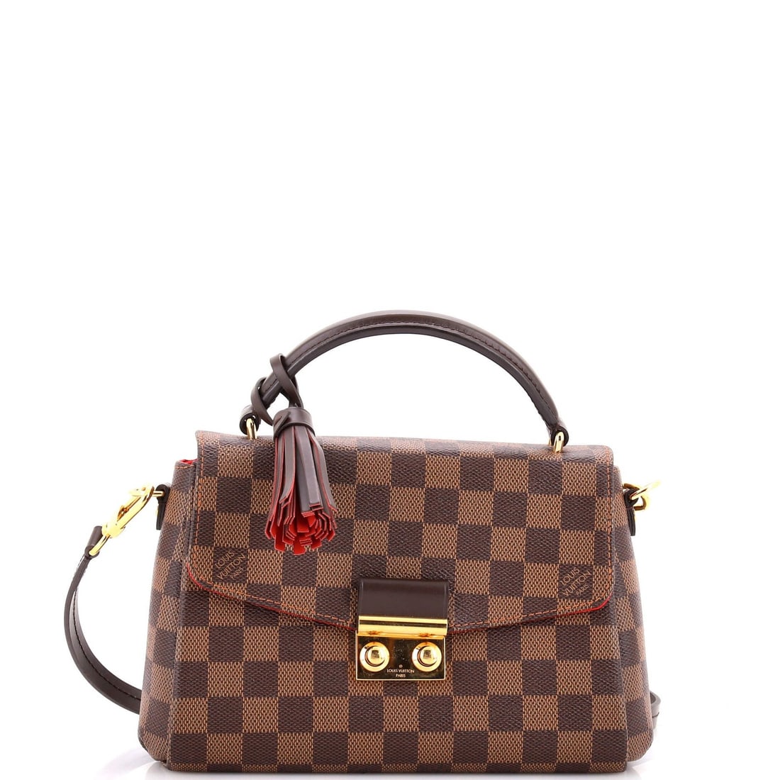 Louis Vuitton Croisette Handbag Damier: Louis Vuitton Croisette Handbag Damier Brown Louis Vuitton Croisette Handbag Damier with scuffs, edge wear, corner wear, and minor creases on the exterior. The interior features a red fabric lining, w