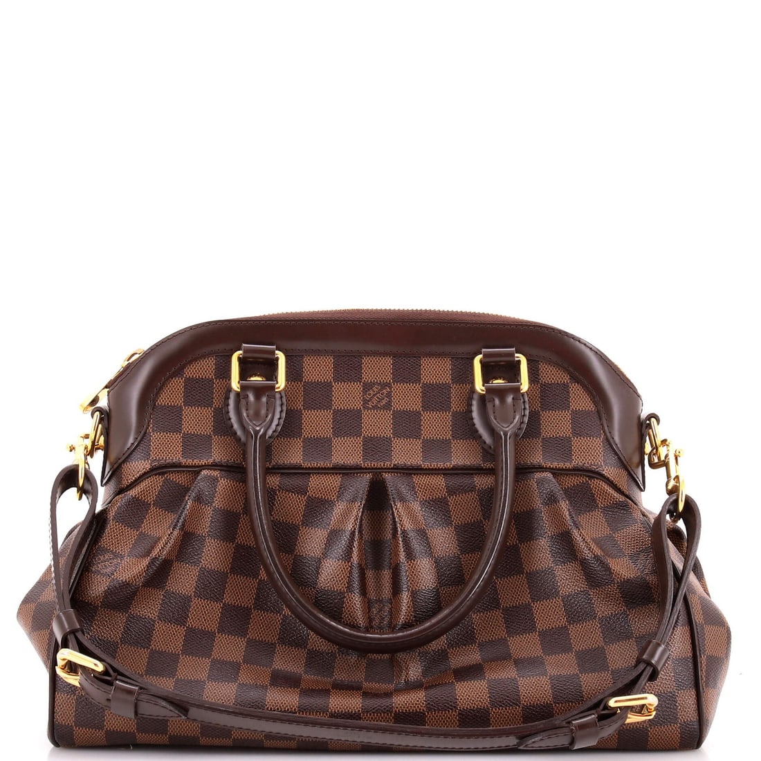 Louis Vuitton Trevi Handbag Damier PM: Louis Vuitton Trevi Handbag Damier PM The Louis Vuitton Trevi Handbag Damier PM features a timeless design with a classic brown canvas coated leather exterior and red microfiber interior. Measuring 10