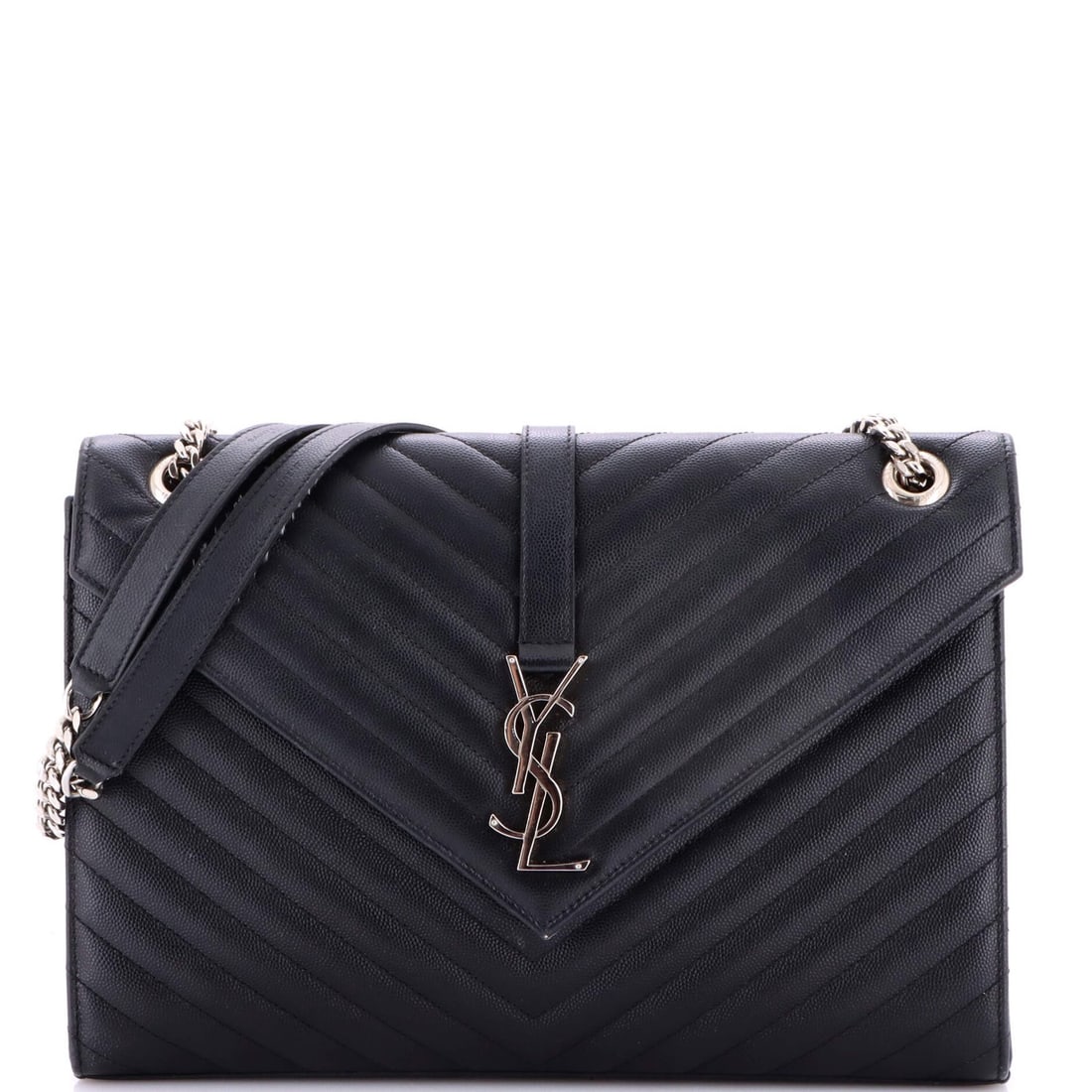 Matelasse leather satchel envelope classic with large monogram chevron saint laurent: Matelasse leather satchel envelope classic with large monogram chevron saint laurent Black Matelasse Leather Saint Laurent Classic Monogram Envelope Satchel with Large Chevron, featuring heavy scuffs 