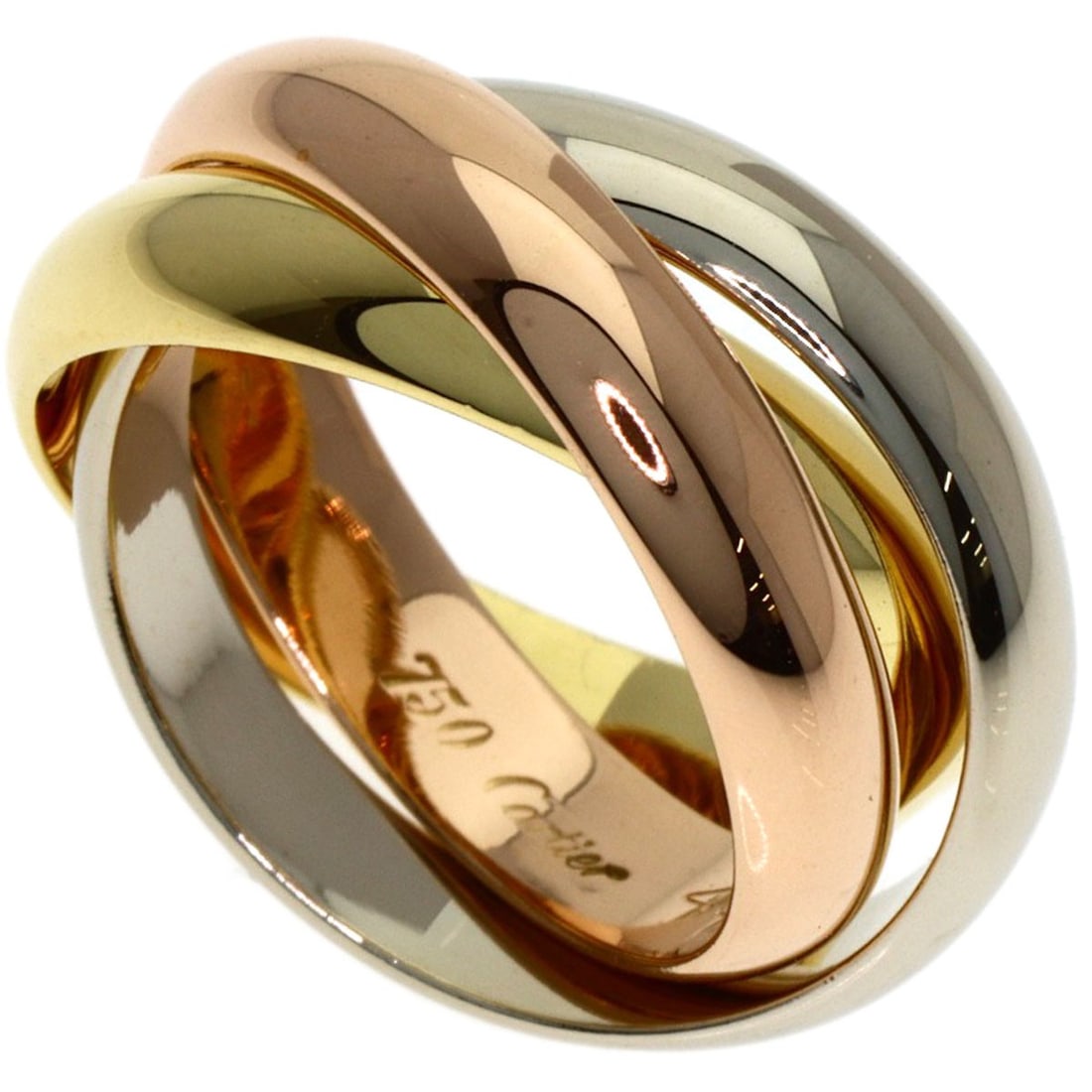 Yellow Gold K18 White Gold Cartier Trinity Ring #48: Yellow Gold K18 White Gold Cartier Trinity Ring #48 K18 White Gold Cartier Trinity Ring #48 boasts a sleek, gold metal design with a signature from the artist. This elegant ring features a unique
