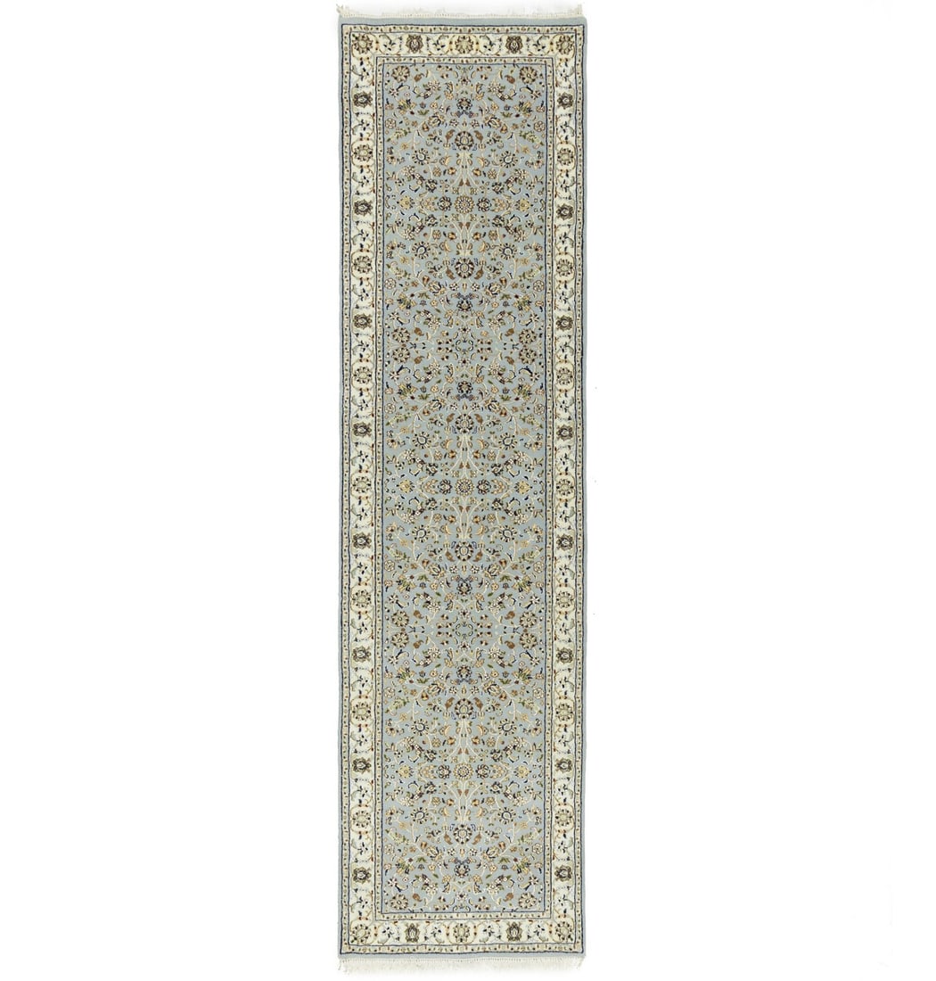 2'8X10'1 Handmade Light Blue Oriental Runner Rug Floral Design Hallway 3X10 Ft Hand-Knotted: 2'8X10'1 Handmade Light Blue Oriental Runner Rug Floral Design Hallway 3X10 Ft Hand-Knotted Hand-knotted in wool and silk, this beautiful light blue Oriental runner rug features a stunning floral