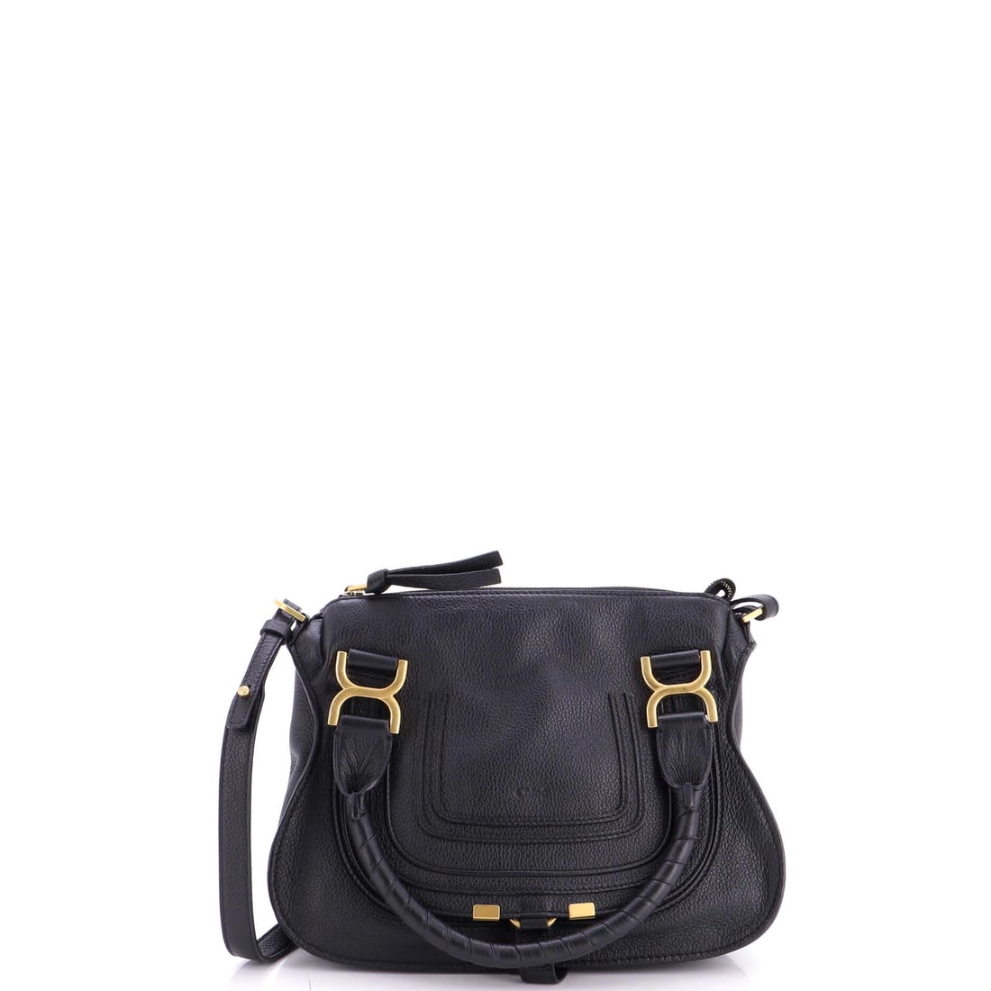 Leather Small Satchel Chloe Marcie: Leather Small Satchel Chloe Marcie Black leather Chloe Marcie small satchel with gold hardware, featuring a classic design and functional strap. The exterior shows signs of wear, including touch-ups