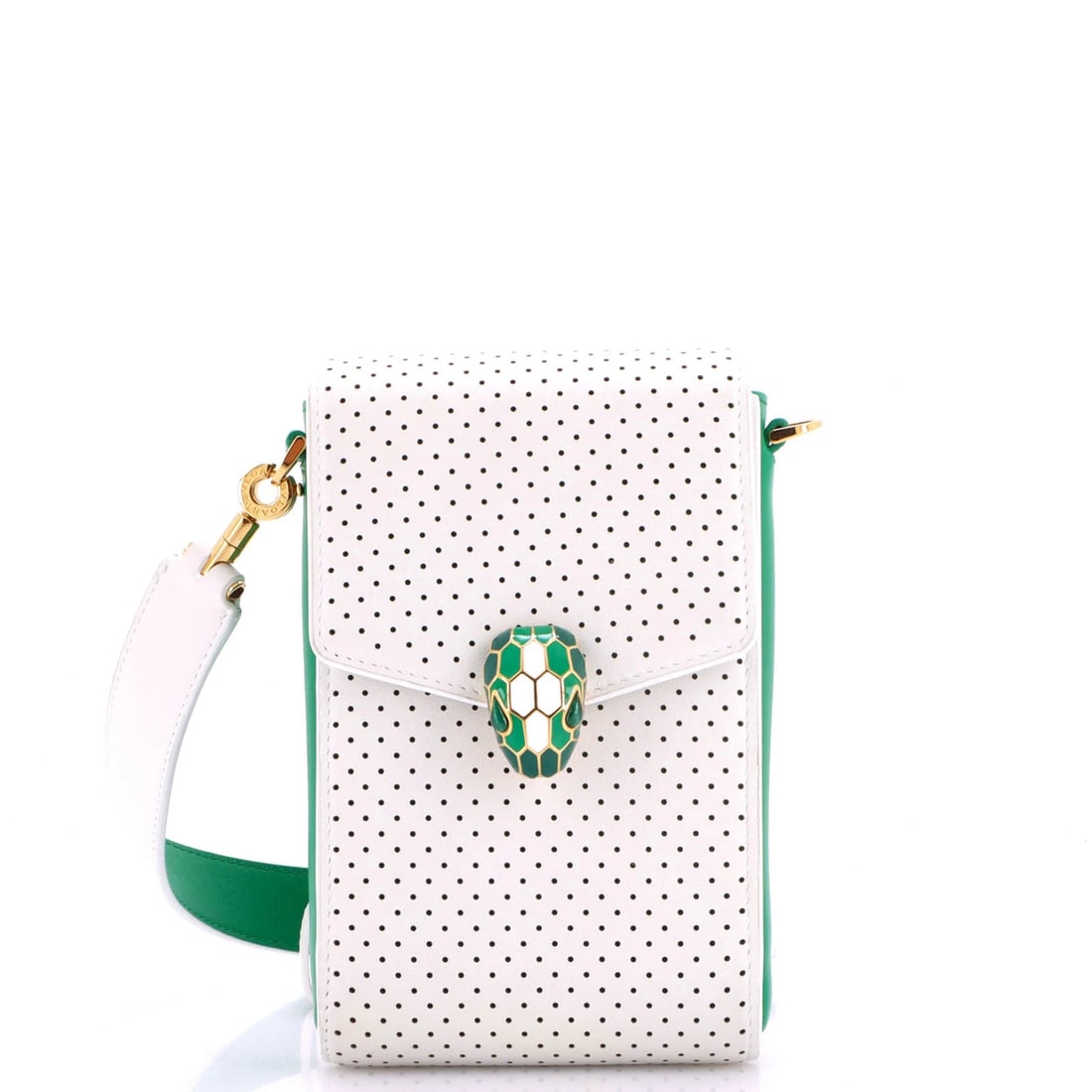 Bvlgari x Casablanca Serpenti Apres Tennis Pochette Perforated Leather: Bvlgari x Casablanca Serpenti Apres Tennis Pochette Perforated Leather This Bvlgari x Casablanca Serpenti Apres Tennis Pochette Perforated Leather bag features a striking green and white exterior with