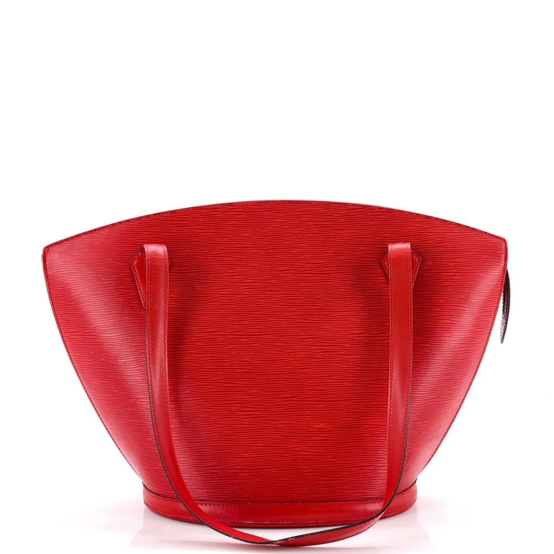 Louis Vuitton Saint Jacques Handbag Epi Leather PM: Louis Vuitton Saint Jacques Handbag Epi Leather PM Red Louis Vuitton Saint Jacques Handbag Epi Leather PM features scuffs, creases, cracking, edge wear, corner wear, and minor stains on its exterior. 