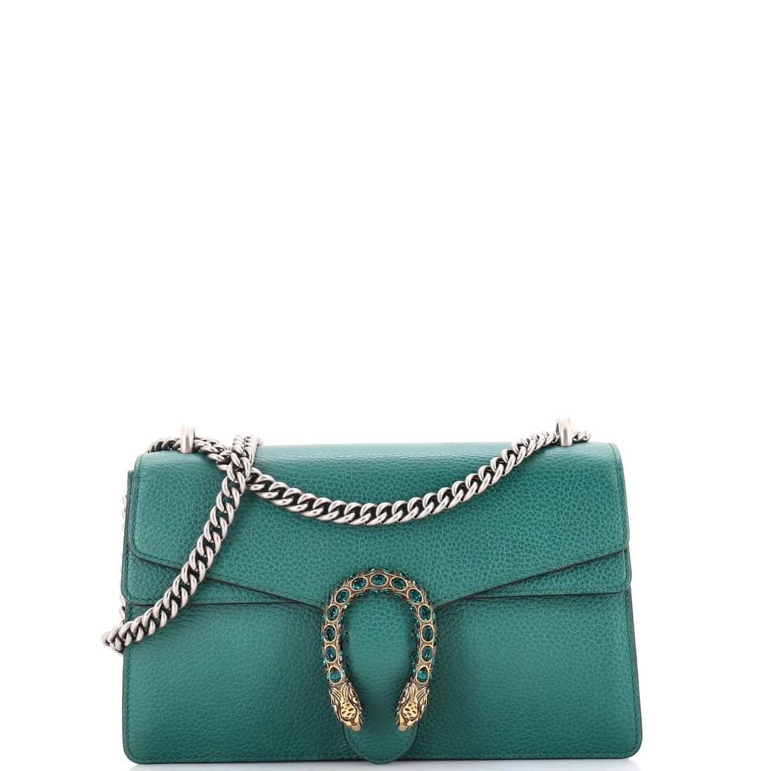 Bag Dionysus Leather Small Gucci: Bag Dionysus Leather Small Gucci Small Dionysus Leather Bag in Green, featuring scuffs, edge wear, and minor creases on the exterior, with a neutral interior. The bag's aged silver and gold hardware