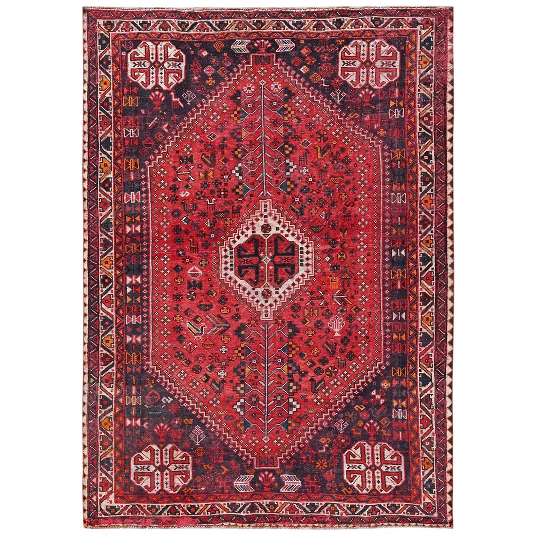 7'x9'7" Red Vintage Zoroastrian Sheeraz Pure Wool Hand Knotted Oriental Rug: 7'x9'7" Red Vintage Zoroastrian Sheeraz Pure Wool Hand Knotted Oriental Rug 7'x9'7" Red Vintage Zoroastrian Sheeraz Pure Wool Hand Knotted Oriental Rug boasts an impressive size and striking red color
