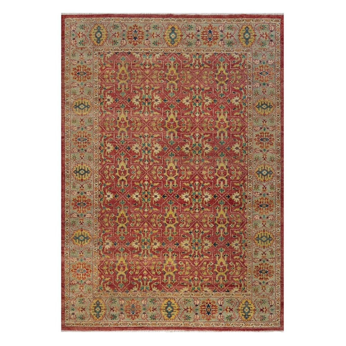 10'x14'2" Ruby Red Antiqued Oushak Reimagined Pure Wool Hand Knotted Rug: 10'x14'2" Ruby Red Antiqued Oushak Reimagined Pure Wool Hand Knotted Rug 10'x14'2" Ruby Red Antiqued Oushak Reimagined Pure Wool Hand Knotted Rug boasts an impressive rectangular field color, with a r