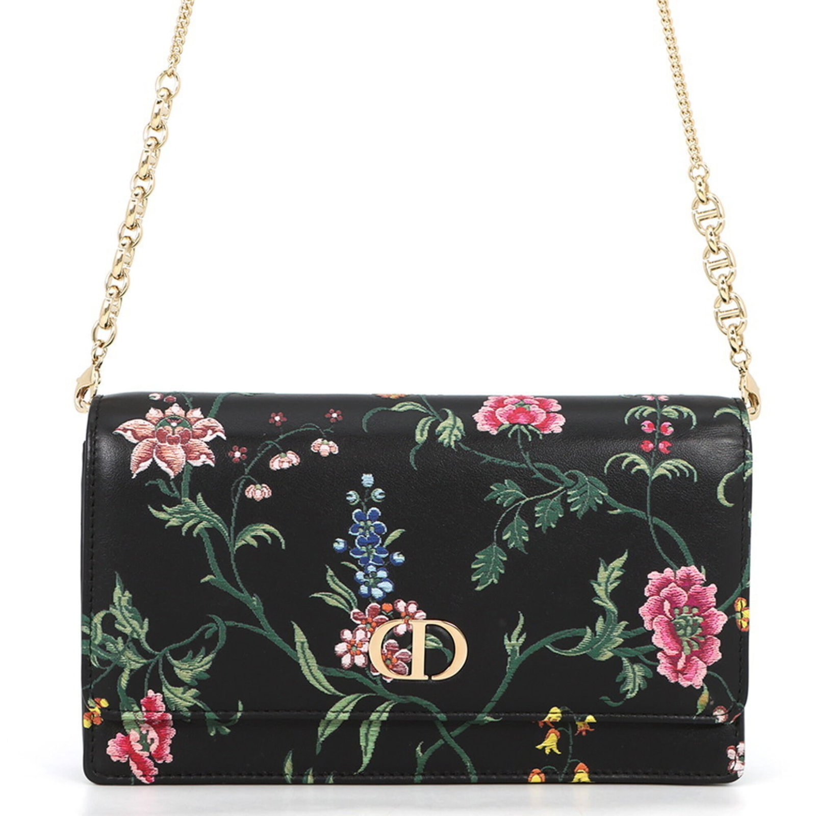 Shoulder wallet of leather chain by Christian Dior: Shoulder wallet of leather chain by Christian Dior Chain/Shoulder wallet in black and multi-color leather, measuring 11.5cm x 20cm with a 1.1m chain strap. This Italian-made shoulder wallet features a