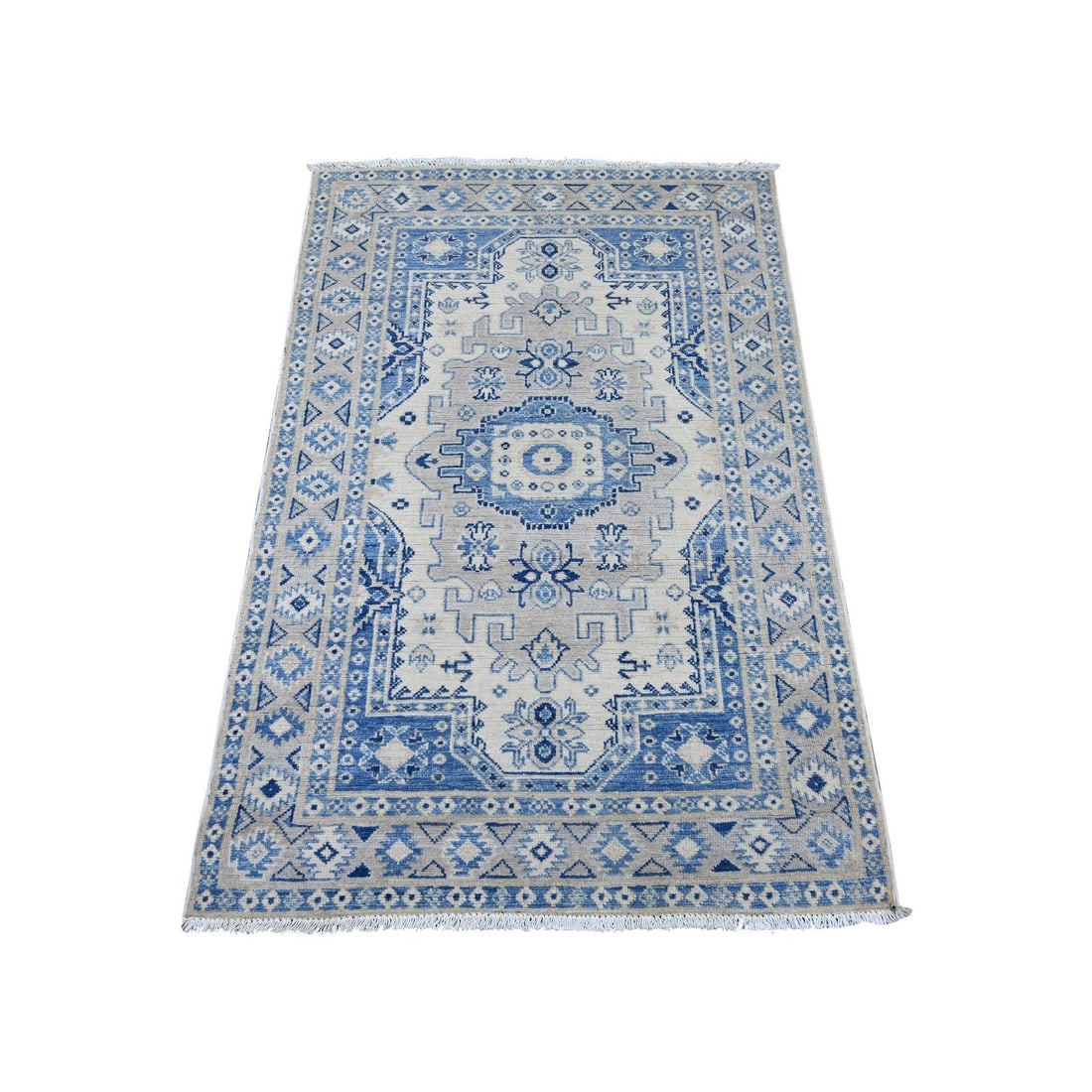 3'x4'9" Ivory Vintage Look Kazak Geometric Pattern Hand Knotted Wool Rug: 3'x4'9" Ivory Vintage Look Kazak Geometric Pattern Hand Knotted Wool Rug This stunning Ivory Kazak Geometric Pattern Hand Knotted Wool Rug boasts an intricate, rectangular field design with a subtle g