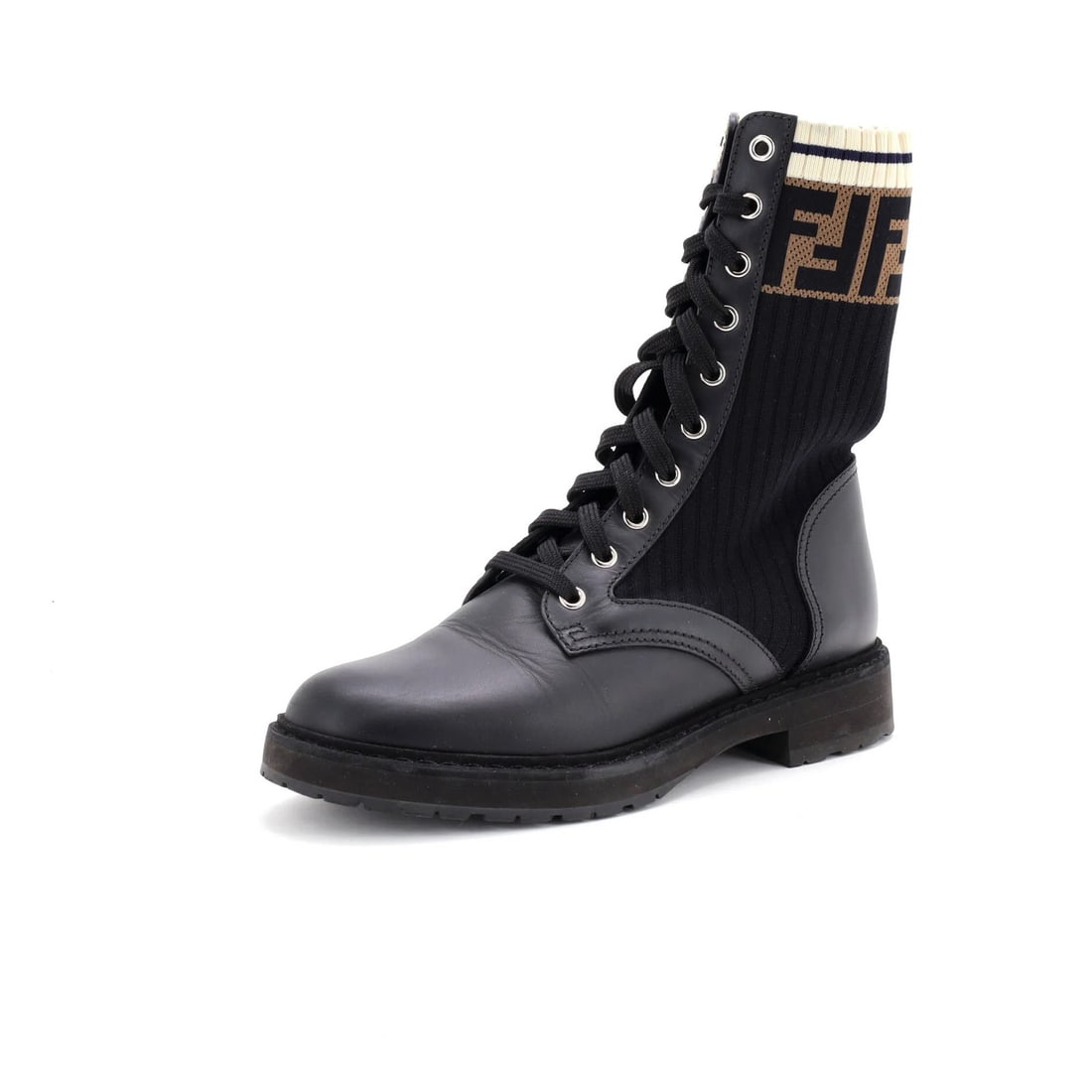 Fendi Women's Rockoko Combat Boots Leather with Knit Stretch Fabric and Zucca (1 of 6)