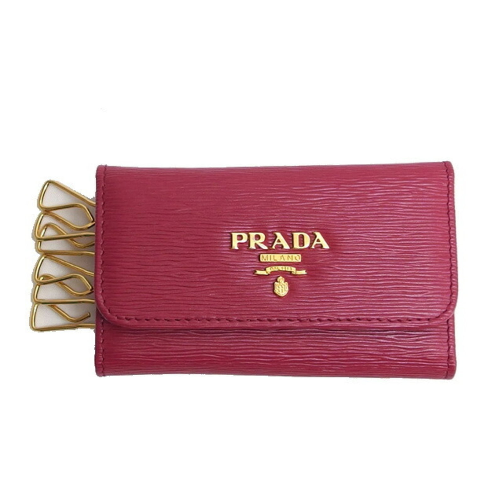 Keycase Leather by Prada: Keycase Leather by Prada Keycase Leather by Prada, an elegant and sophisticated accessory in pink embossed leather. Measuring 6.5cm x 10.5cm x 2cm, it offers a compact and stylish way to carry keys.