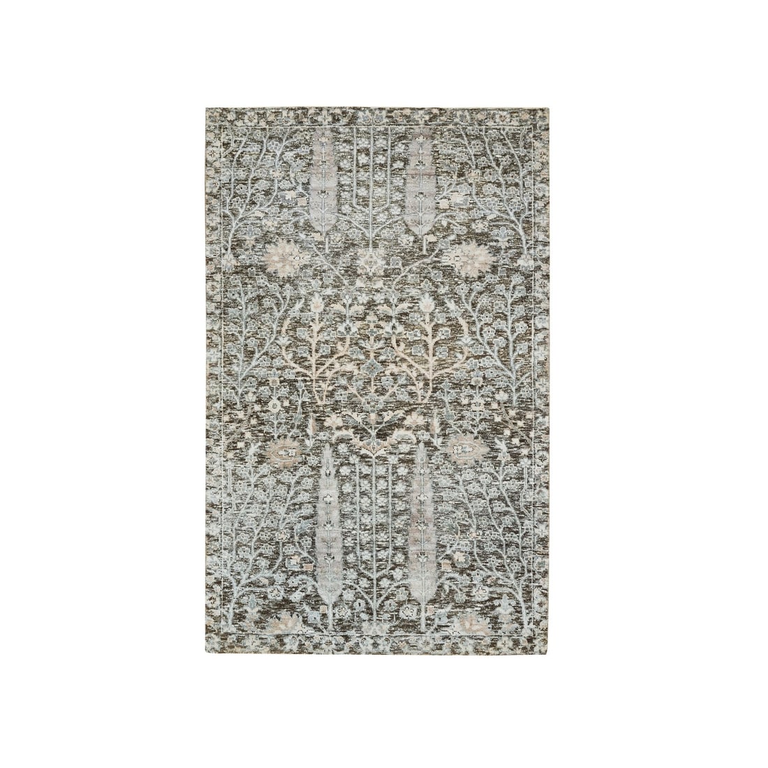3'x5' Black Willow and Cypress Silk/ Wool Hand Knotted Rug: 3'x5' Black Willow and Cypress Silk/ Wool Hand Knotted Rug Black Willow and Cypress Silk/Wool Hand-Knotted Rug measures 60" x 36" in a striking black field with an oriental pattern, woven from wool