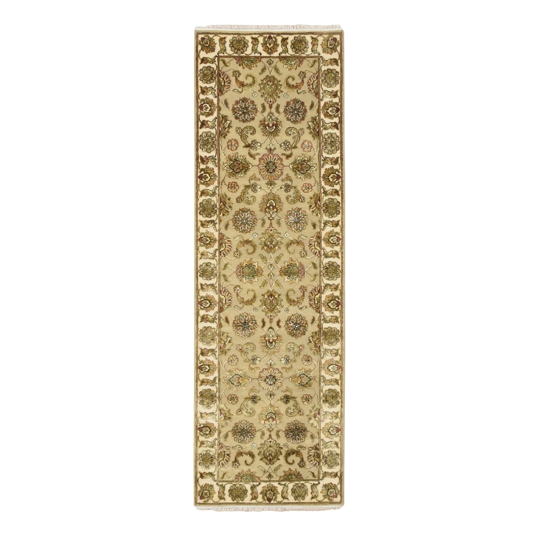 2'6"x8' Brown Rajasthan Leaf Design Hand Knotted Wool & Silk Runner Rug: 2'6"x8' Brown Rajasthan Leaf Design Hand Knotted Wool & Silk Runner Rug Hand-knotted with wool and silk, this stunning 2'6"x8' Rajasthan-style runner rug boasts intricate brown leaf design patterns on