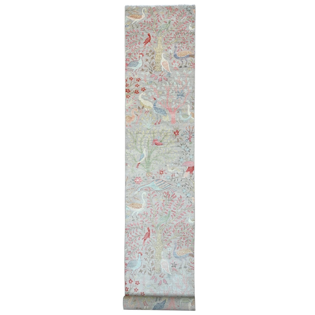 3'x24' Gray Hand Knotted Afghan Peshawar Birds Design All Wool Runner Rug: 3'x24' Gray Hand Knotted Afghan Peshawar Birds Design All Wool Runner Rug Hand-knotted in the traditional Peshawar style, this stunning Afghan runner rug boasts an intricate birds design in rich grey 