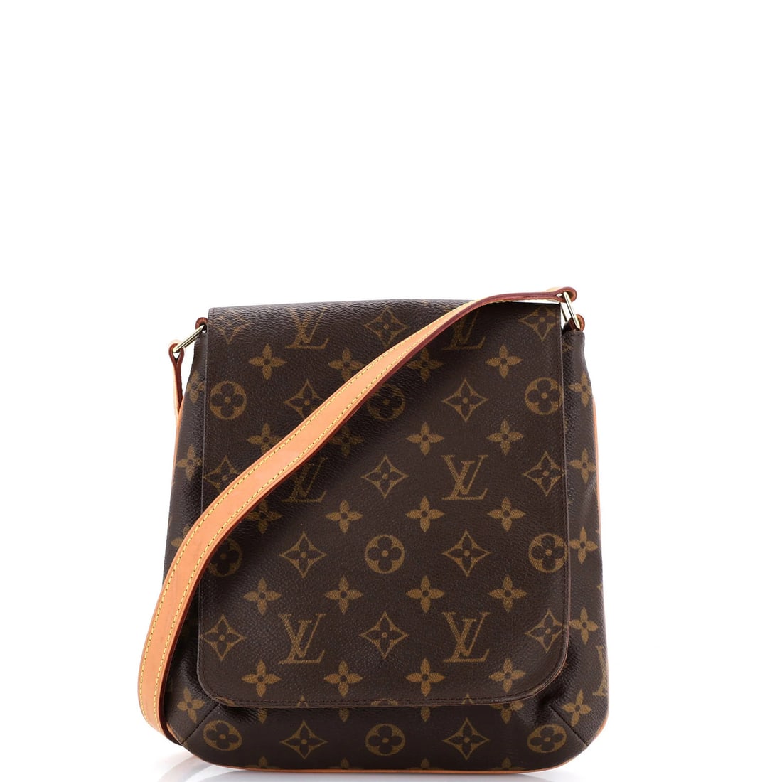 Louis Vuitton Musette Salsa Handbag Monogram Canvas PM: Louis Vuitton Musette Salsa Handbag Monogram Canvas PM Brown Louis Vuitton Musette Salsa Handbag with Monogram Canvas PM exterior, featuring scuffs, creases, edge wear, and discoloration. The bag