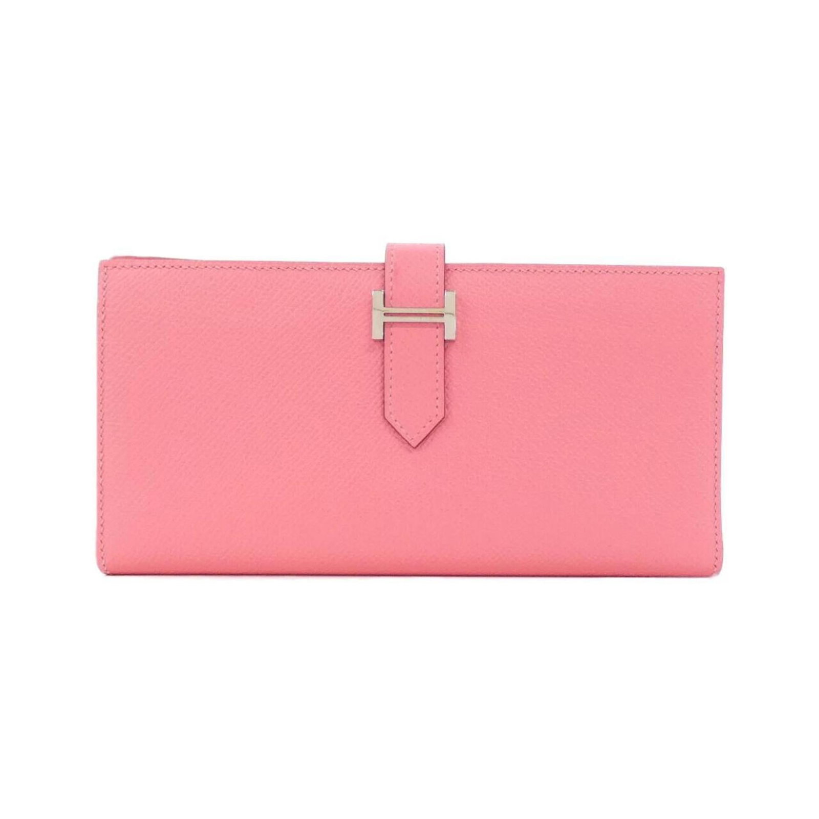 Hermes Long Epsom Leather Bi Fold Wallet: Hermes Long Epsom Leather Bi Fold Wallet Pink Epsom leather, a signature Herm?s material, adorns the exterior of this Long wallet (bi-fold), with Rose azalee as its distinctive color. Measuring 9cm x 