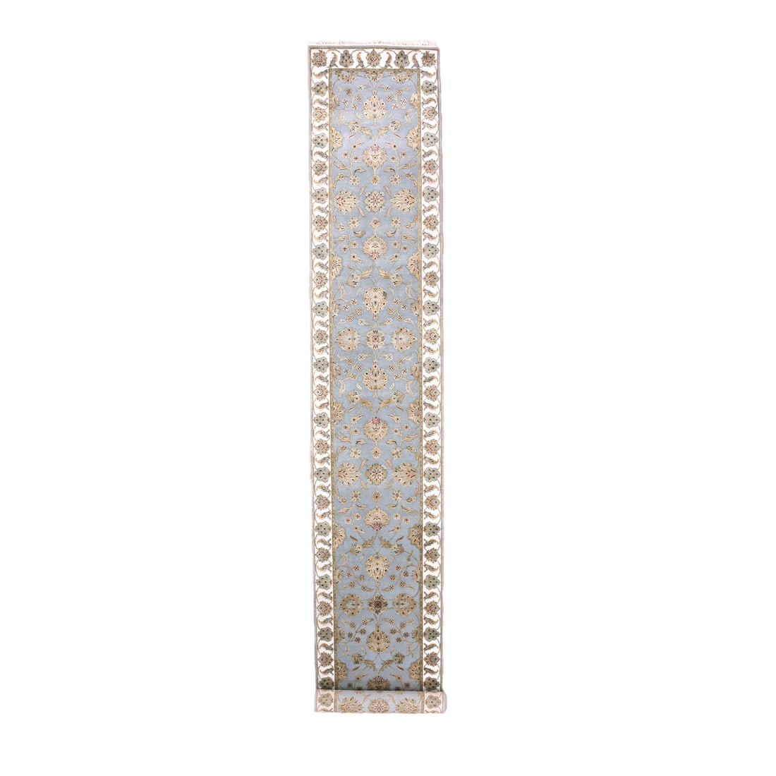 2'8"x17'1" Blue Rajasthan Leaf Hand Knotted Wool and Silk XL Runner Rug: 2'8"x17'1" Blue Rajasthan Leaf Hand Knotted Wool and Silk XL Runner Rug Blue Rajasthan Leaf Hand Knotted Wool and Silk XL Runner Rug boasts an impressive 17'1" length, making it a statement piece for 
