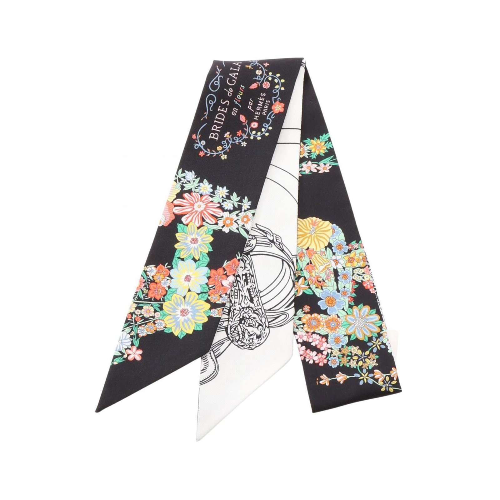 Hermes silk scarf: Hermes silk scarf Silk scarf from renowned French fashion house Hermes, featuring a sleek black design with multi-color accents and subtle white details. Made from high-quality silk, this compact acce
