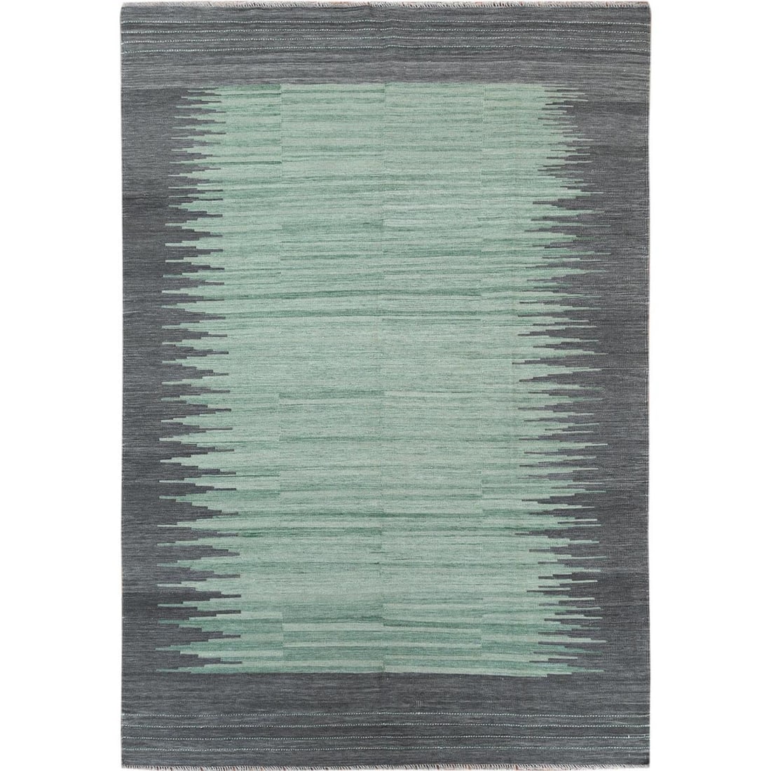 6'1"x9'1" Light Green Flat Weave Kilim Hand Woven Wool Reversible Rug: 6'1"x9'1" Light Green Flat Weave Kilim Hand Woven Wool Reversible Rug The 6'1"x9'1" Light Green Flat Weave Kilim Hand Woven Wool Reversible Rug is a unique and eye-catching piece, boasting a striking 