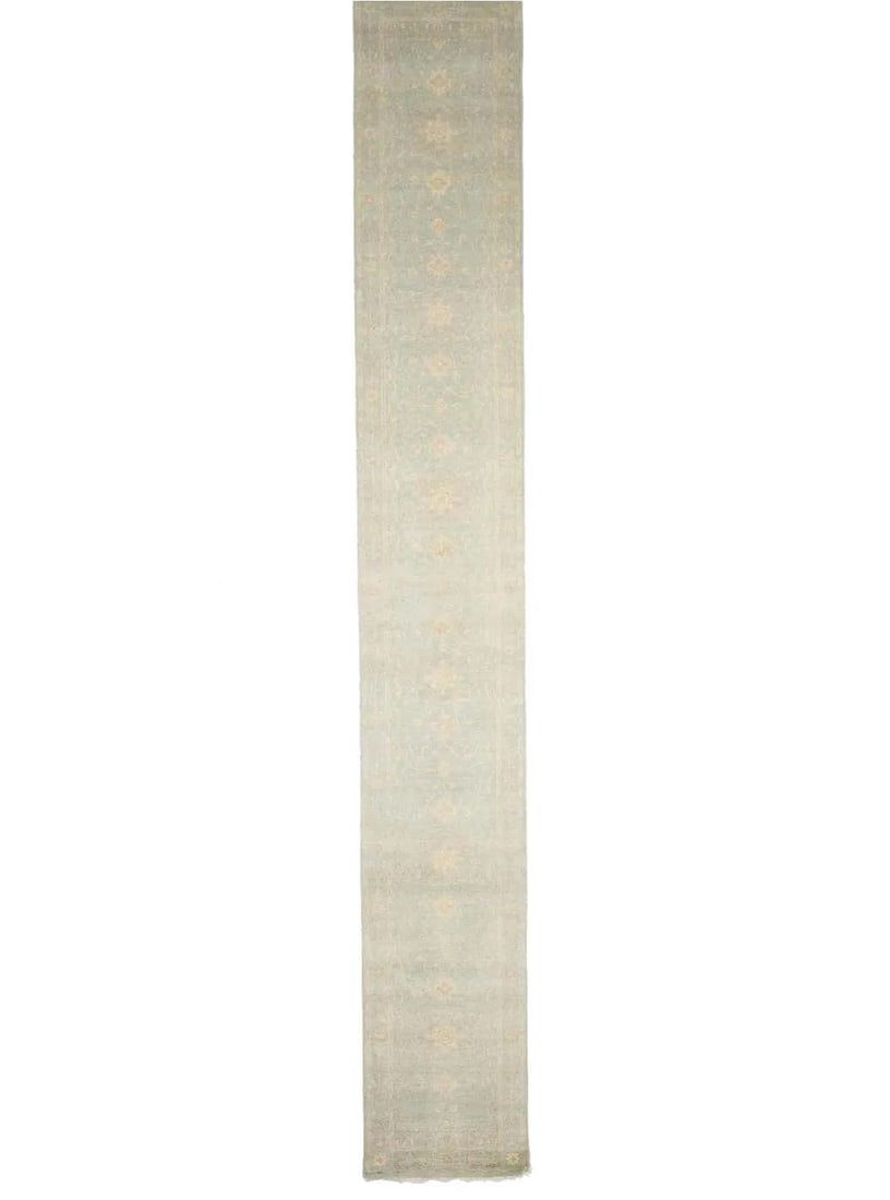 2'7X17'11 Handmade Oriental Runner Rug Muted Aqua Blue Floral Hallway Decor Hand-Knotted: 2'7X17'11 Handmade Oriental Runner Rug Muted Aqua Blue Floral Hallway Decor Hand-Knotted Hand-knotted in wool and cotton, this 2'7" x 17'11" Oriental runner rug boasts a stunning muted aqua blue flora