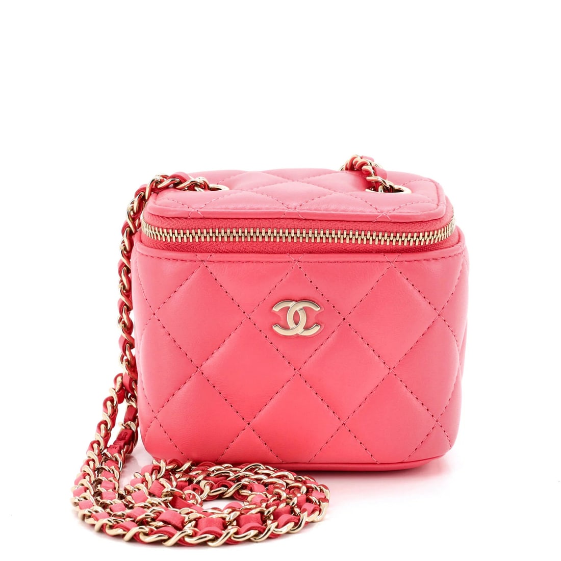 Chanel Quilted Lambskin Case with Mini Chain Vanity: Chanel Quilted Lambskin Case with Mini Chain Vanity Pristine Chanel Quilted Lambskin Case with Mini Chain Vanity in pink, featuring minor scuffs on exterior and interior. This compact cross-body bag