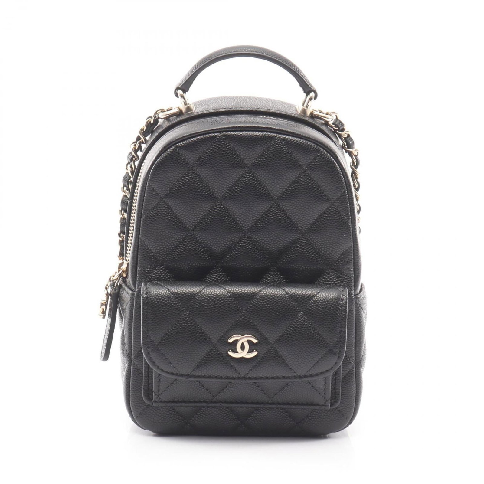 Calfskin Backpack Handbag Chanel: Calfskin Backpack Handbag Chanel Calfskin Backpack Handbag Chanel features a sleek black design made from high-quality grained calfskin, with precise dimensions of 18cm x 12.5cm x 7cm. The bag's
