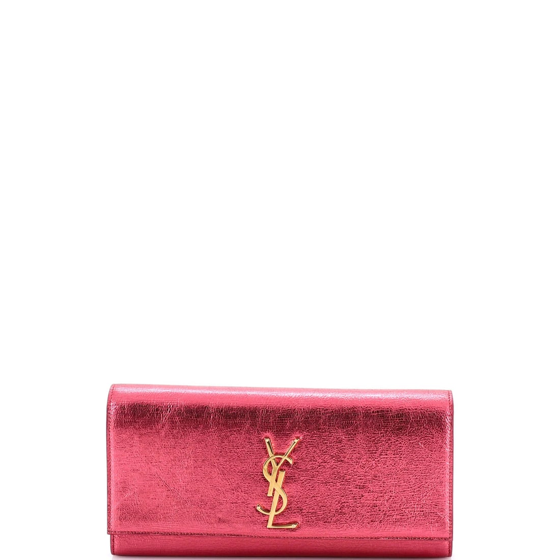 Monogram Saint Laurent Long Calfskin Metallic Clutch Classic: Monogram Saint Laurent Long Calfskin Metallic Clutch Classic The Monogram Saint Laurent Long Calfskin Metallic Clutch Classic boasts its iconic metallic exterior, adorned with the signature monogram p