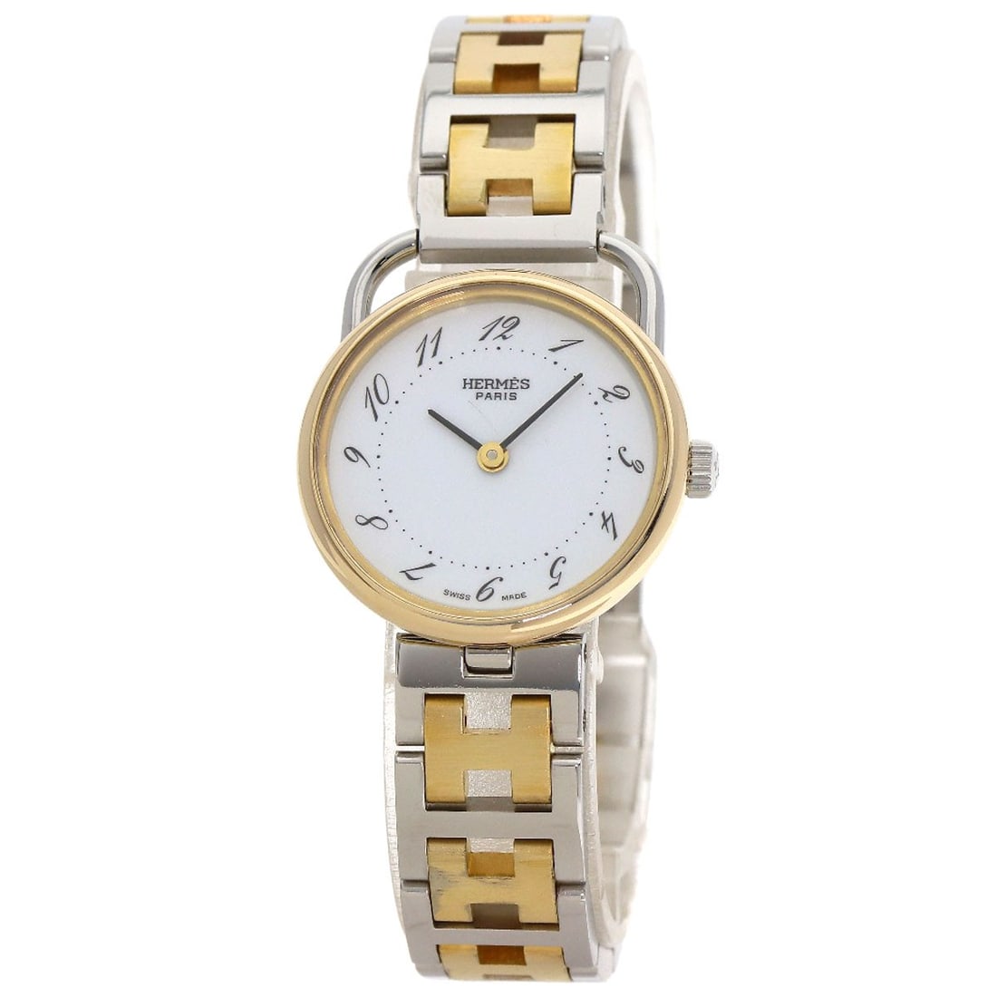 Hermes Arceau Stainless Steel Watches Ssxgp: Hermes Arceau Stainless Steel Watches Ssxgp Stainless steel case with gold bezel and dial, featuring an analog display on a white background. This quartz-powered watch boasts a sleek design with a gol
