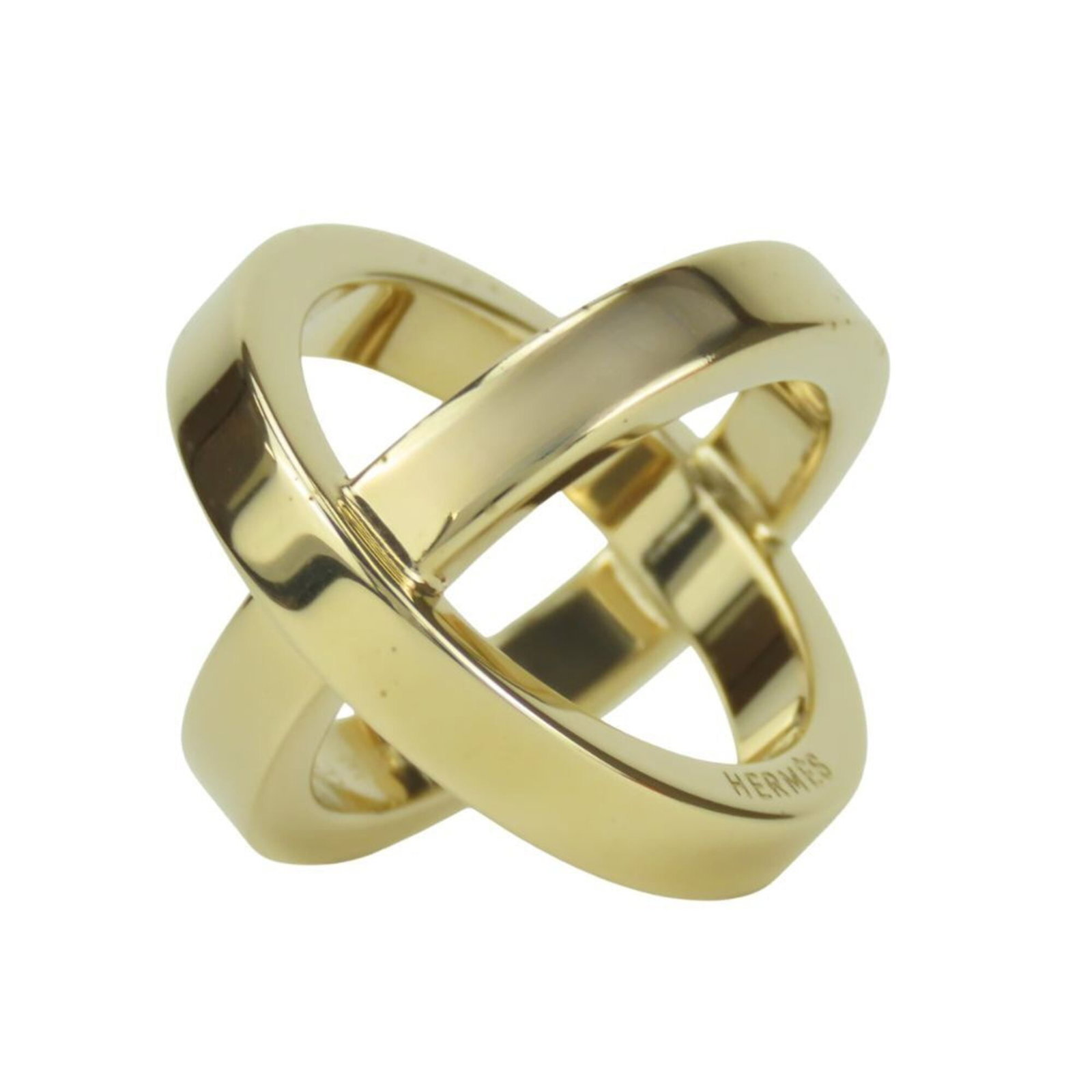Ring metal scarf ring: Ring metal scarf ring The Hermes metal scarf ring boasts a sleek, gold design with precise measurements. Measuring 2.53cm x 2.64cm, this compact accessory adds a touch of sophistication to any outfit.