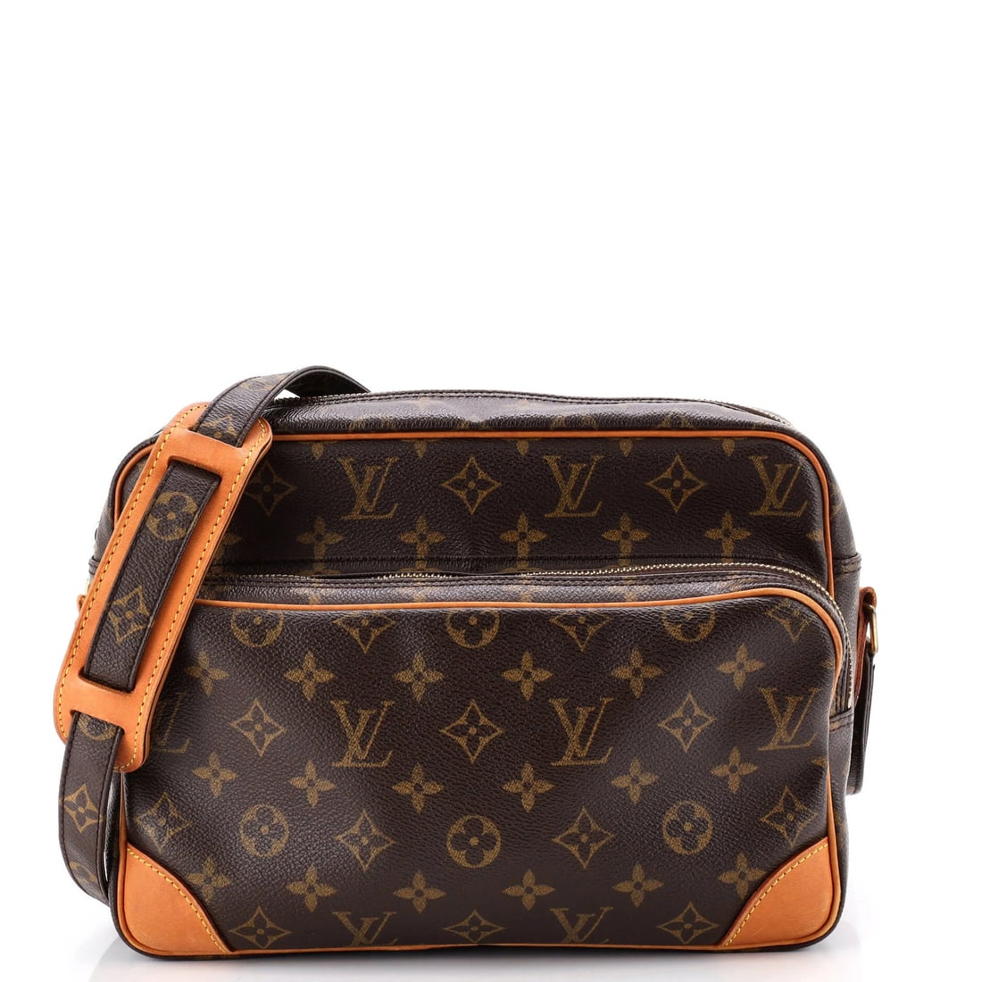 Nil Messenger Bag Monogram Canvas Louis Vuitton 28: Nil Messenger Bag Monogram Canvas Louis Vuitton 28 Brown Nil Messenger Bag with Monogram Canvas Exterior, featuring scuffs, creases, and edge wear. The bag measures 28 inches long, with a handle drop 