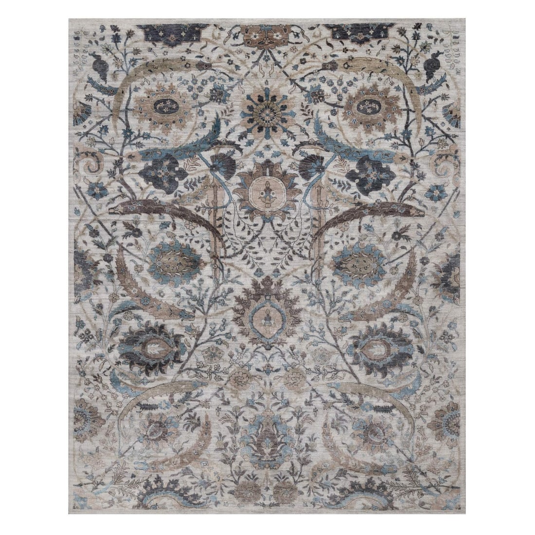 Light Gray Silk with Textured Wool Sickle Leaf Design Hand Knotted: Light Gray Silk with Textured Wool Sickle Leaf Design Hand Knotted Silk and wool blend creates a unique texture in this Light Gray Sickle Leaf Design Hand Knotted rug, featuring an intricate, rectangu