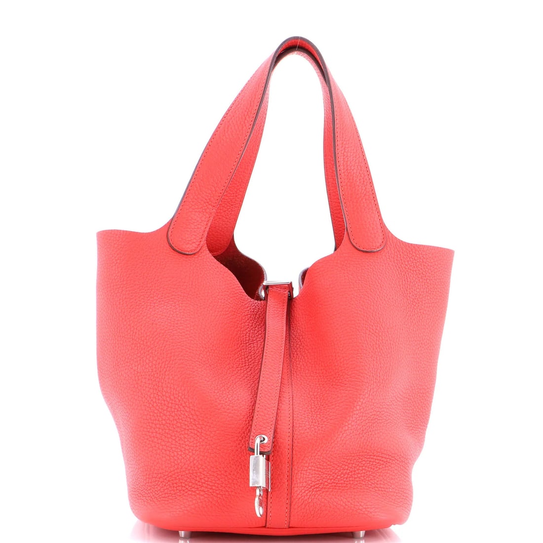 Picotin Lock Bag Clemence Hermes: Picotin Lock Bag Clemence Hermes Red Picotin Lock Bag Clemence MM from Hermes, featuring exterior and interior leather in red, palladium hardware, and a classic bucket style. The bag boasts a timeless