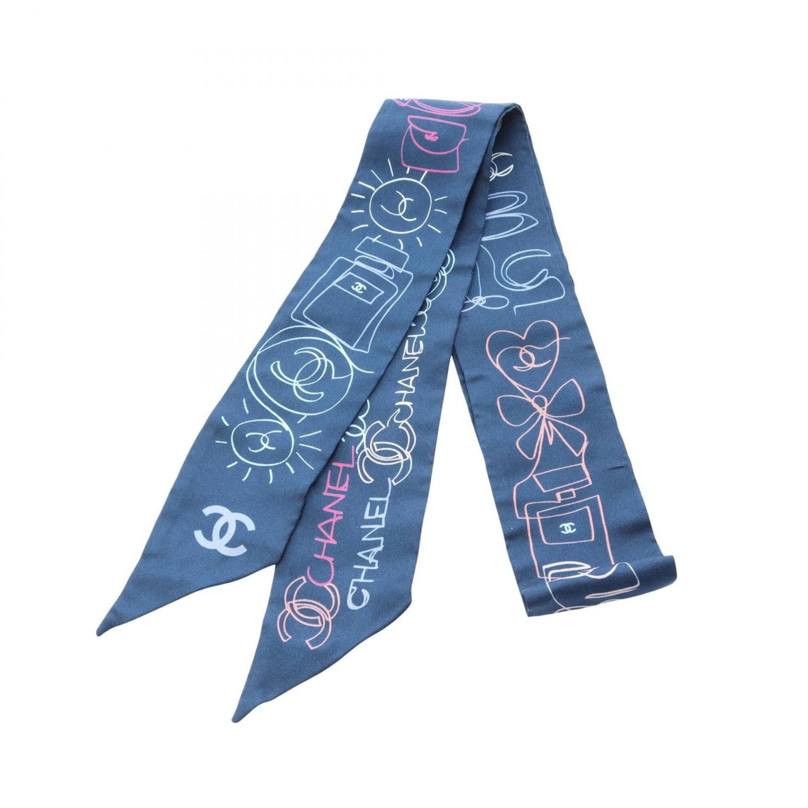 Silk Chanel Scarf: Silk Chanel Scarf Silk Chanel Scarf, featuring a multi-color and navy design, measures 1.2m x 6cm in size, making it a statement piece for any wardrobe. This high-quality silk scarf is made from the f