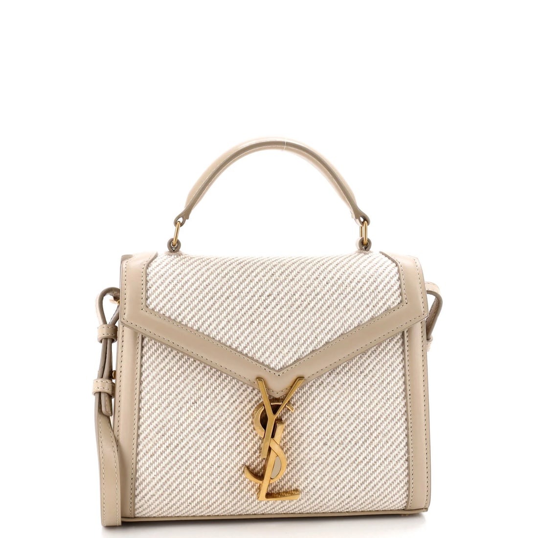 Cassandra Saint Laurent with Top Leather Mini Bag Canvas: Cassandra Saint Laurent with Top Leather Mini Bag Canvas Canvas and leather come together in the sleek design of the Cassandra Saint Laurent mini bag, featuring a neutral exterior with gold hardware. 