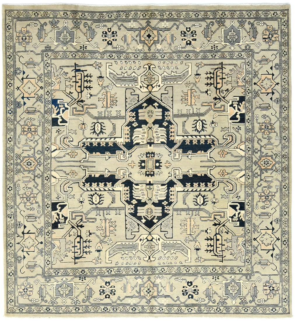 8X8 Hand-Knotted Heriz Serapi Oriental Rug Geometric Design Farmhouse Carpet Hand-Knotted (1 of 15)
