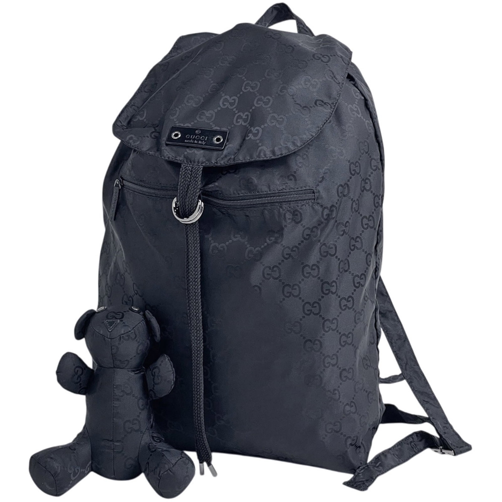 Nylon Leather Backpack Gucci: Nylon Leather Backpack Gucci Nylon and leather combine in a sleek, black Gucci backpack design. The nylon material provides durability, while the leather accents add a touch of sophistication. Measuri