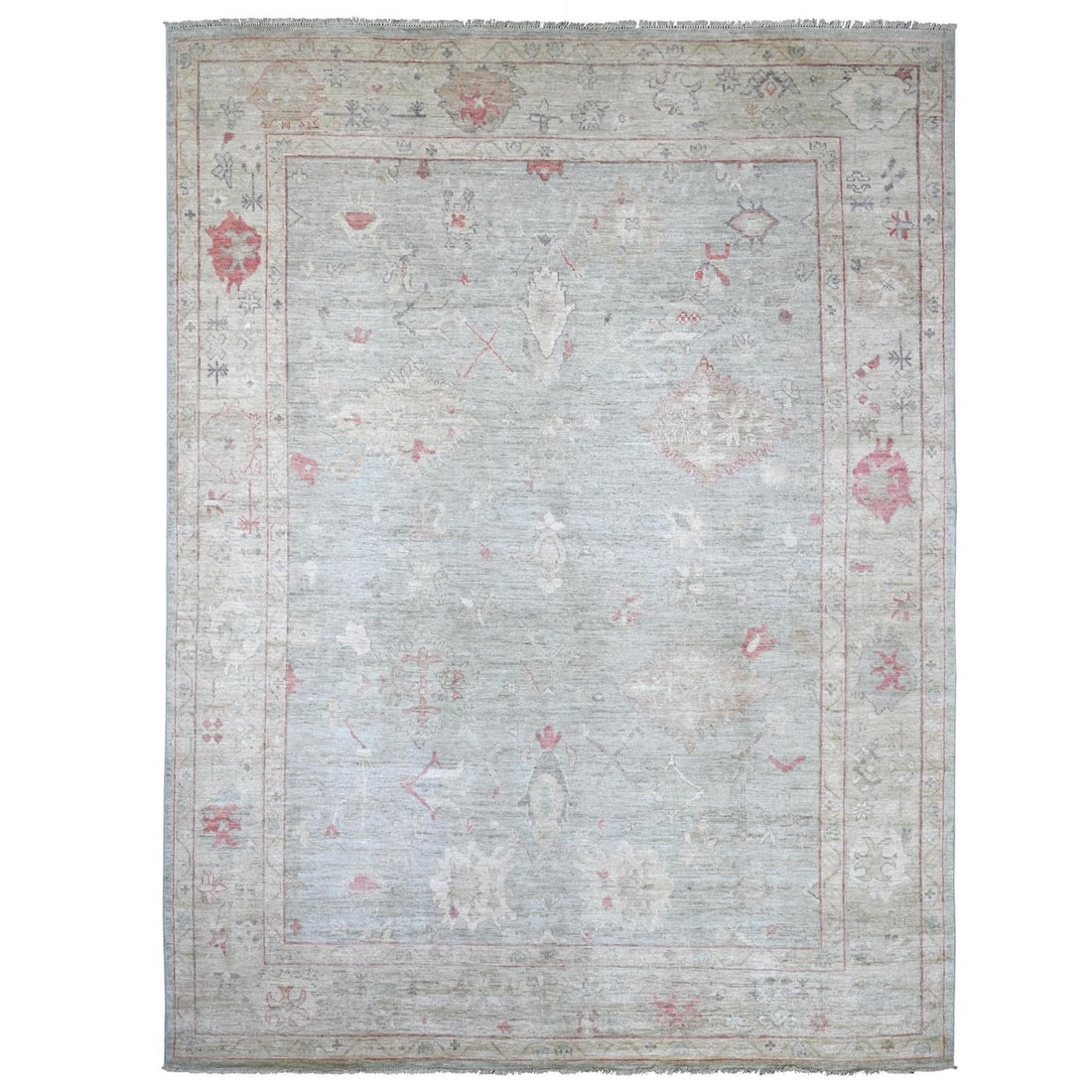 9'2"x12' Light Gray Afghan Angora Oushak Leaf Design Hand Knotted Wool Rug (1 of 11)