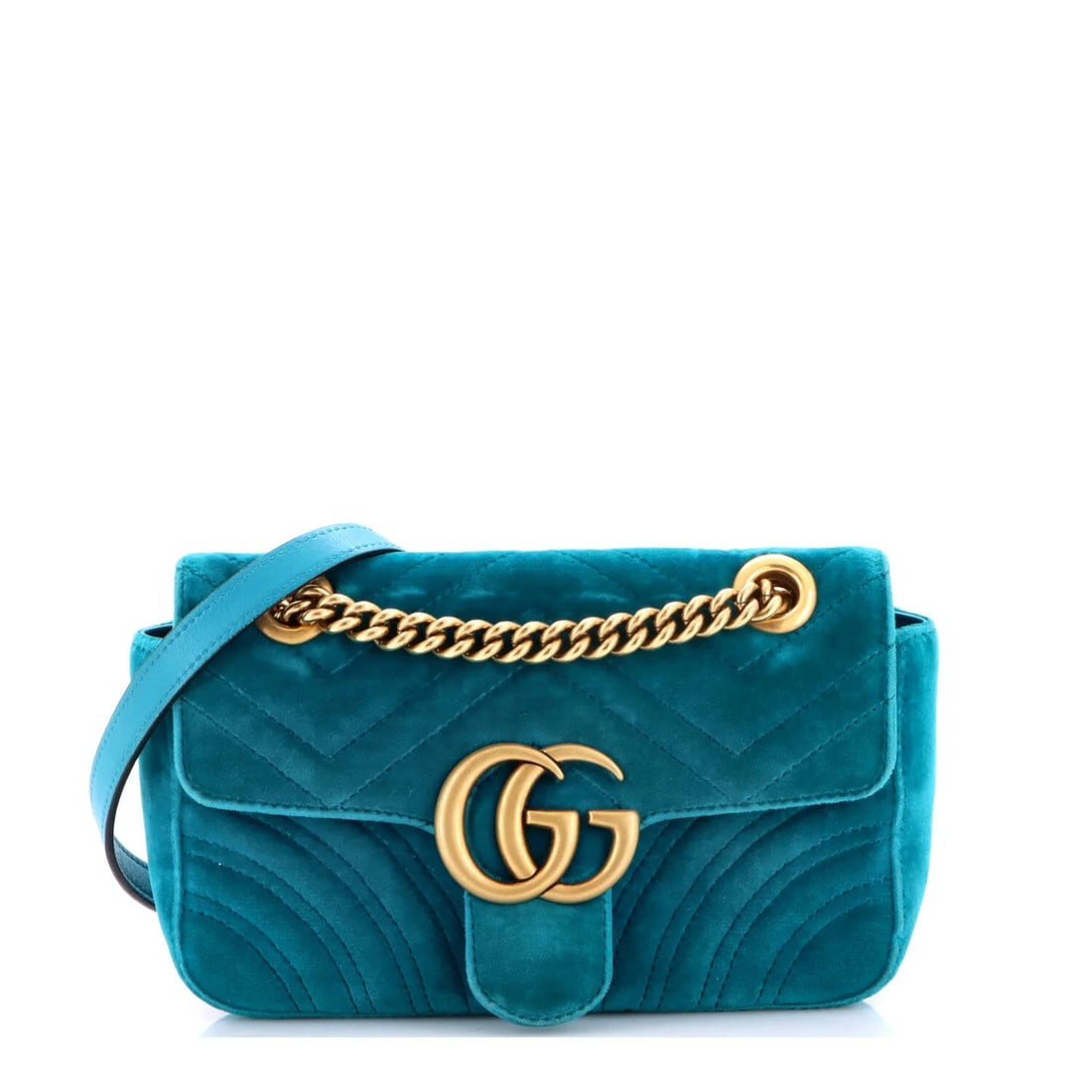 Gucci GG Small Flap Matelasse Marmont Velvet Bag: Gucci GG Small Flap Matelasse Marmont Velvet Bag Small, elegant Gucci GG Marmont Flap Bag in rich blue velvet exterior, adorned with satin pink interior and aged gold hardware. Measuring just 6" tall 