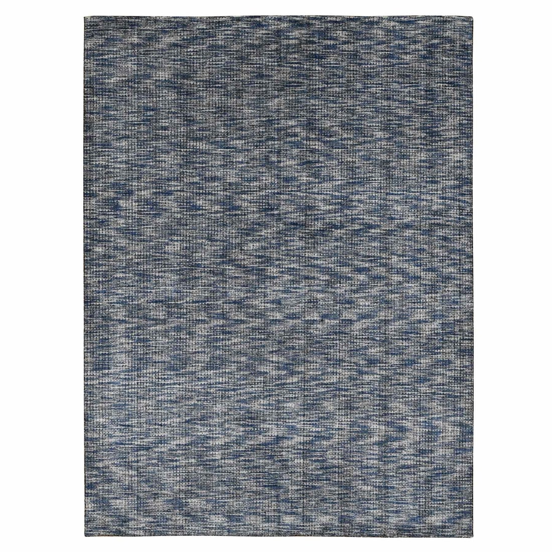 9'2"x12' Steel Blue Modern Fence Design Wool and Art Silk Hand Loomed Rug: 9'2"x12' Steel Blue Modern Fence Design Wool and Art Silk Hand Loomed Rug Steel Blue Modern Fence Design Wool and Art Silk Hand Loomed Rug features a unique rectangular field with a subtle blue color,