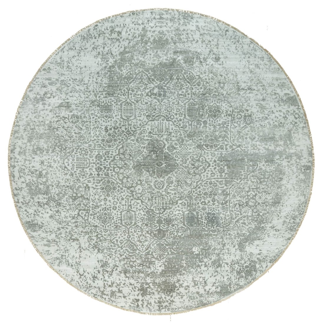 13'10"x13'10" Gray Broken Zoroastrian Wool and Silk Round Oriental Rug: 13'10"x13'10" Gray Broken Zoroastrian Wool and Silk Round Oriental Rug The 13'10"x13'10" Gray Broken Zoroastrian Wool and Silk Round Oriental Rug boasts an impressive hand-knotted design, featuring a 