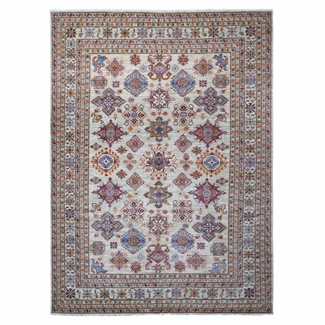 9'x12'3" Gray Wool All Over Motifs Super Kazak Hand Knotted Oriental Rug: 9'x12'3" Gray Wool All Over Motifs Super Kazak Hand Knotted Oriental Rug 9'x12'3" Gray Wool All Over Motifs Super Kazak Hand Knotted Oriental Rug. This stunning, hand-knotted rug boasts a rich gray co