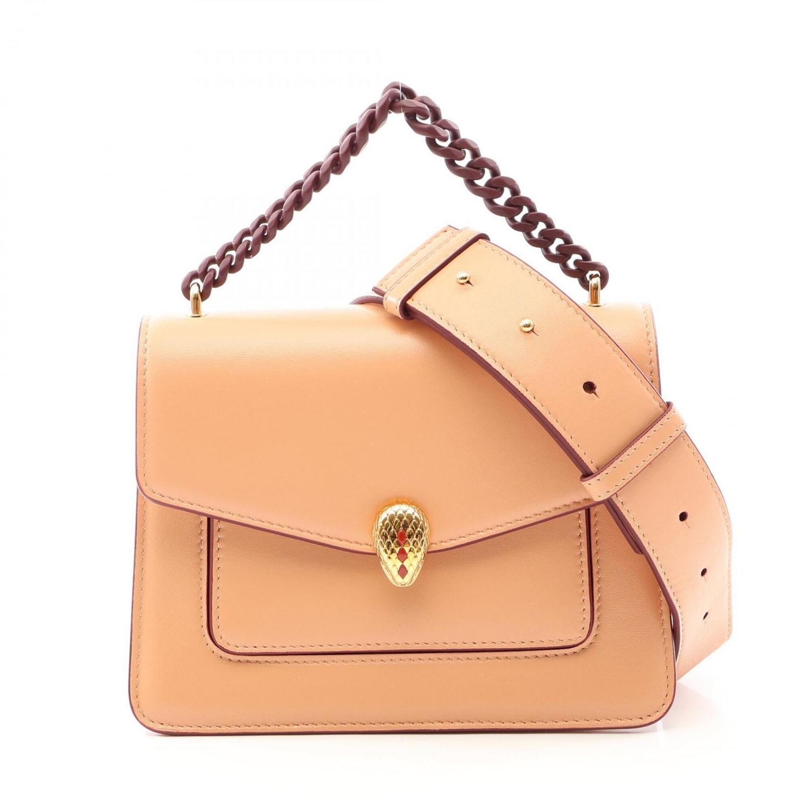Handbag Leather Bvlgari: Handbag Leather Bvlgari Pink Bvlgari Handbag with Leather Material. This pink leather handbag measures 14.5cm x 20cm x 4cm and features a signature from the artist. The bag's sleek design and vibrant