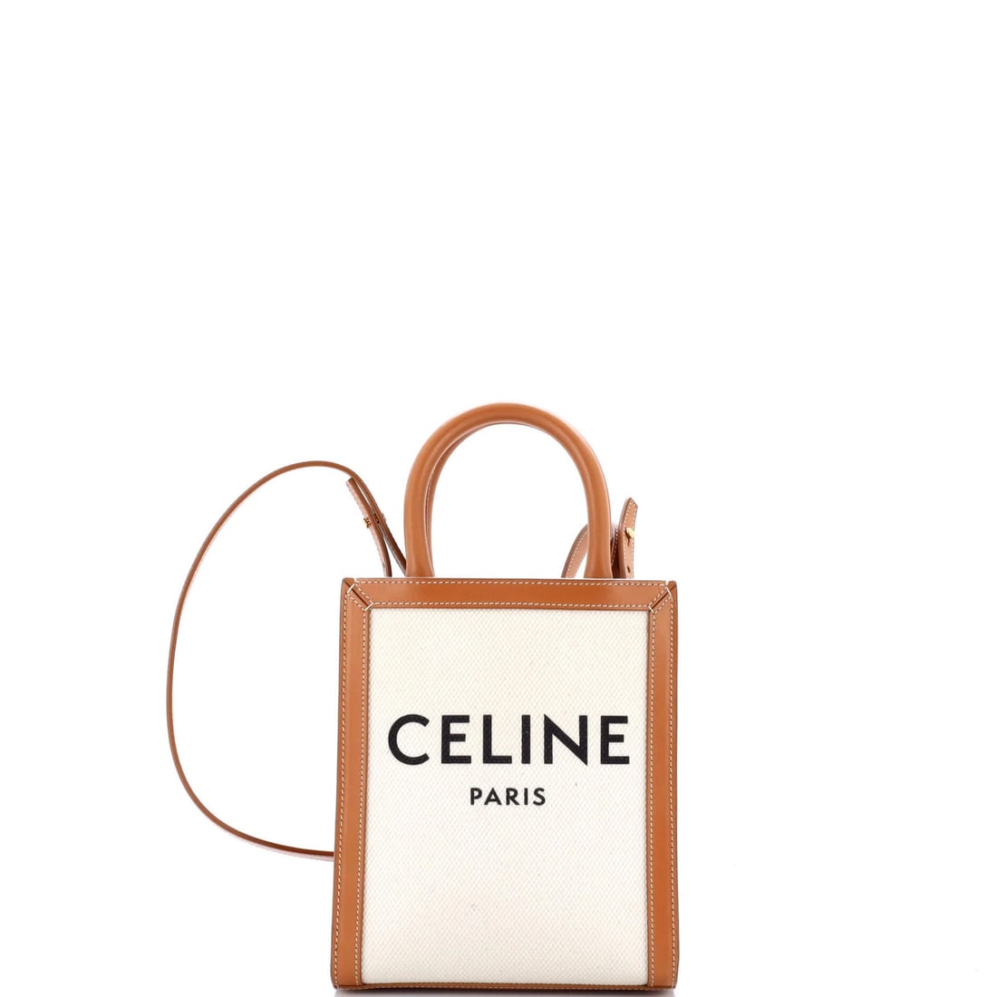 Cabas tote canvas leather with mini vertical celine.: Cabas tote canvas leather with mini vertical celine. Brown Celine Mini Vertical Cabas Tote with Leather and Canvas Details. This mini vertical cabas tote features canvas plain leather exterior in