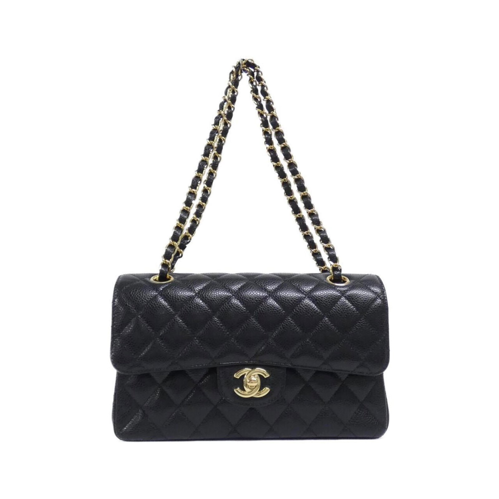 Calfskin Shoulder Bag by Chanel: Calfskin Shoulder Bag by Chanel Calfskin shoulder bag by Chanel, featuring grained calfskin material and a sleek black color. This stylish accessory measures 15cm x 23cm x 7cm and comes with a box and