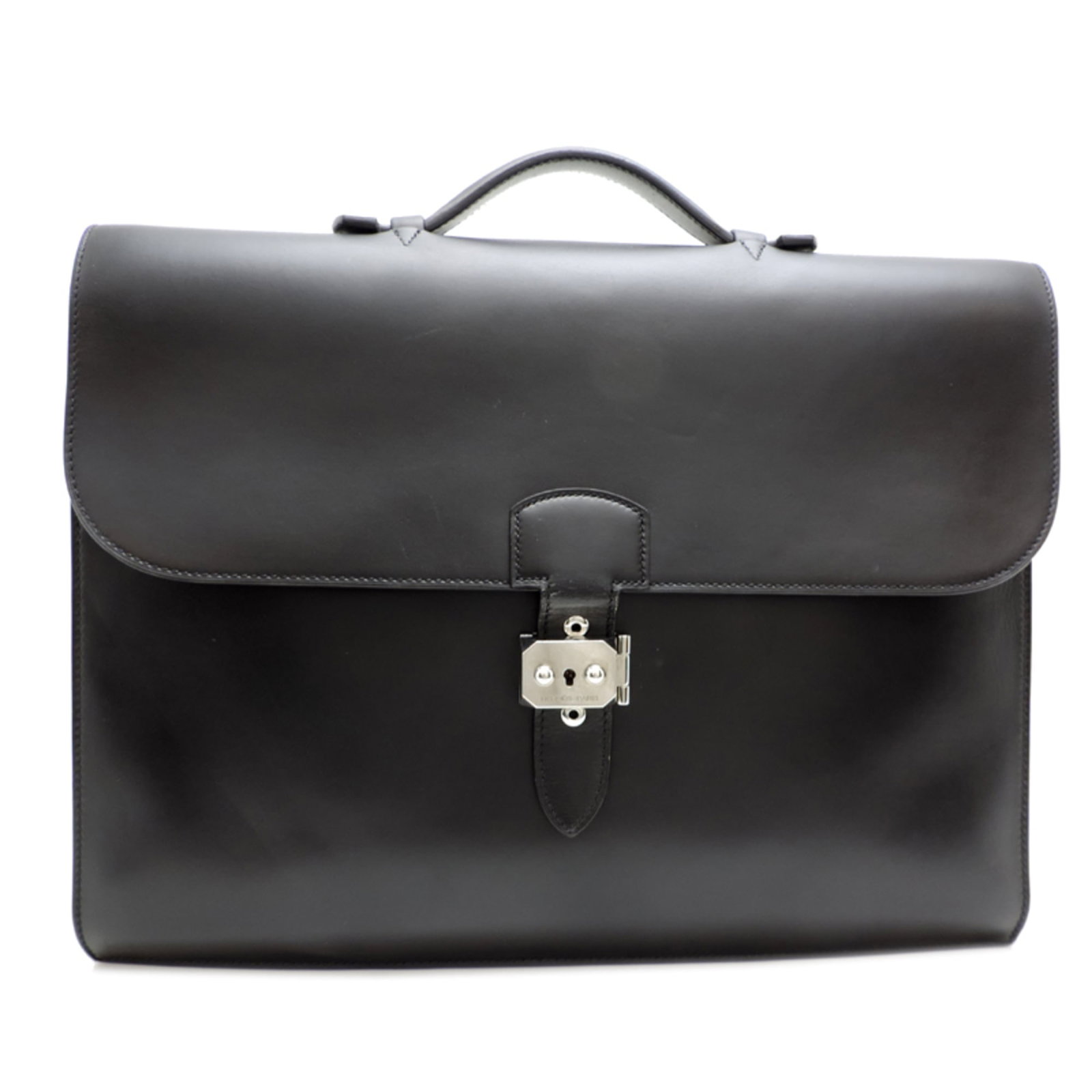 Calf Leather Box Briefcase Hermes: Calf Leather Box Briefcase Hermes Box calf leather briefcase from Hermes, made in France. Measuring 28.5cm x 38.5cm x 9cm, it features a classic design with black box leather construction. Item